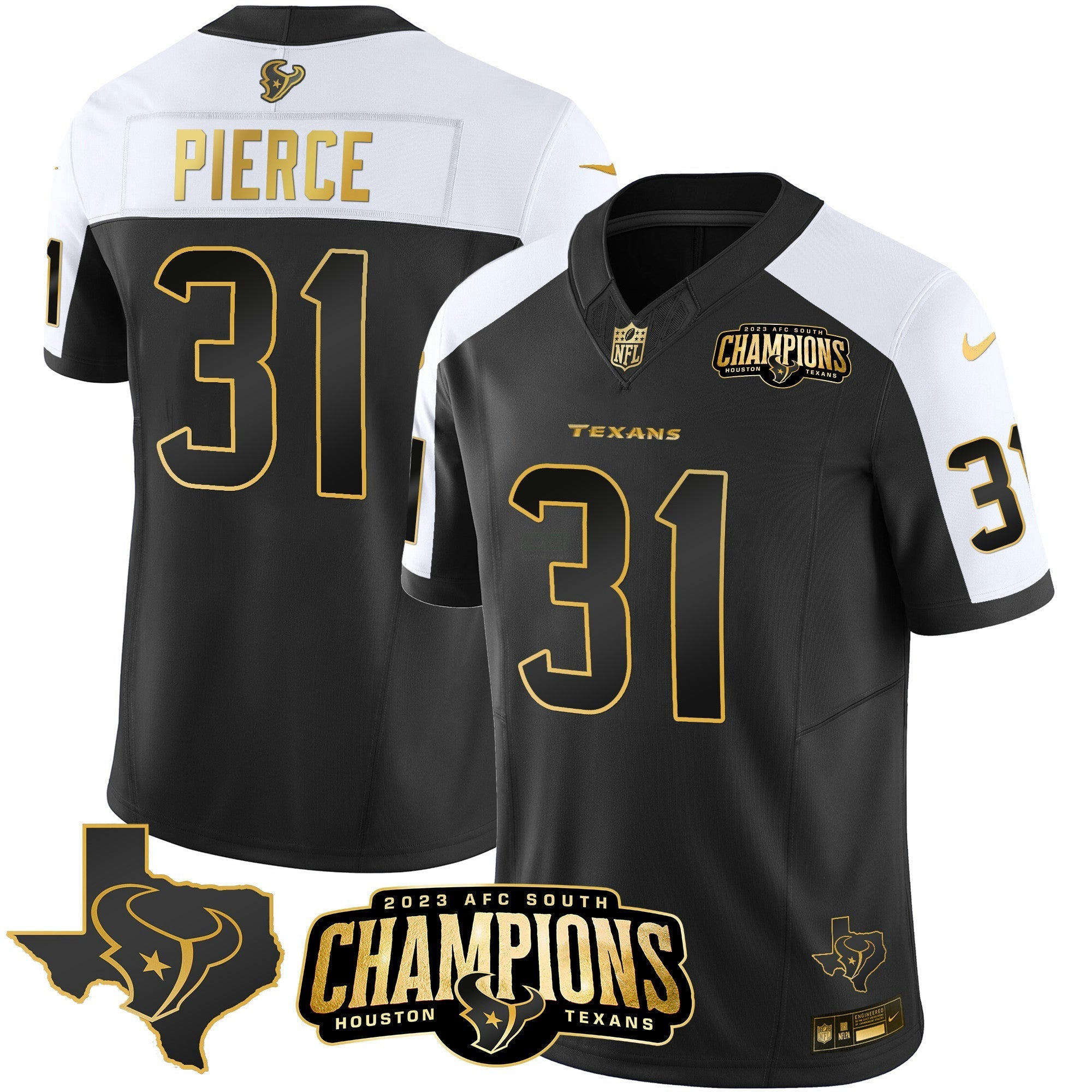 Camisa NFL Men’s Houston 2023 AFC South Champions Patch Dourada Vapor Jersey