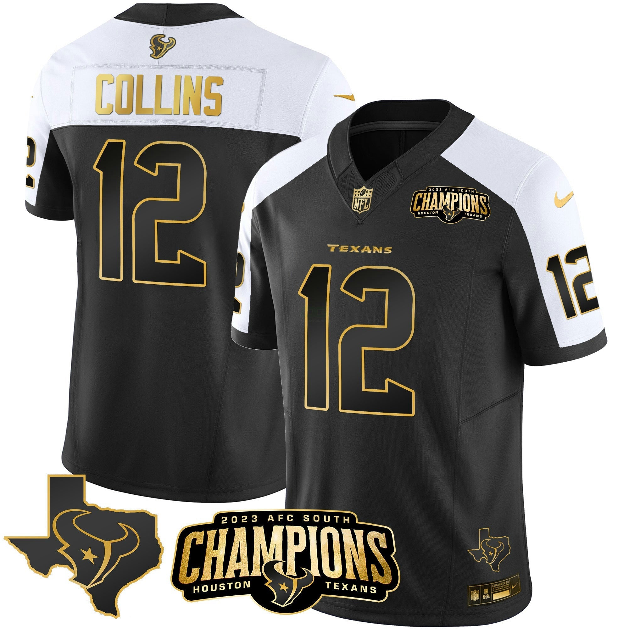 Camisa NFL Men’s Houston 2023 AFC South Champions Patch Dourada Vapor Jersey