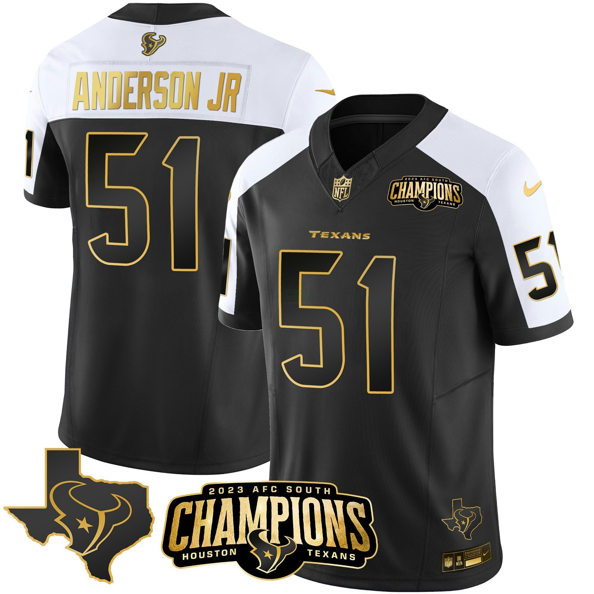 Camisa NFL Men’s Houston 2023 AFC South Champions Patch Dourada Vapor Jersey