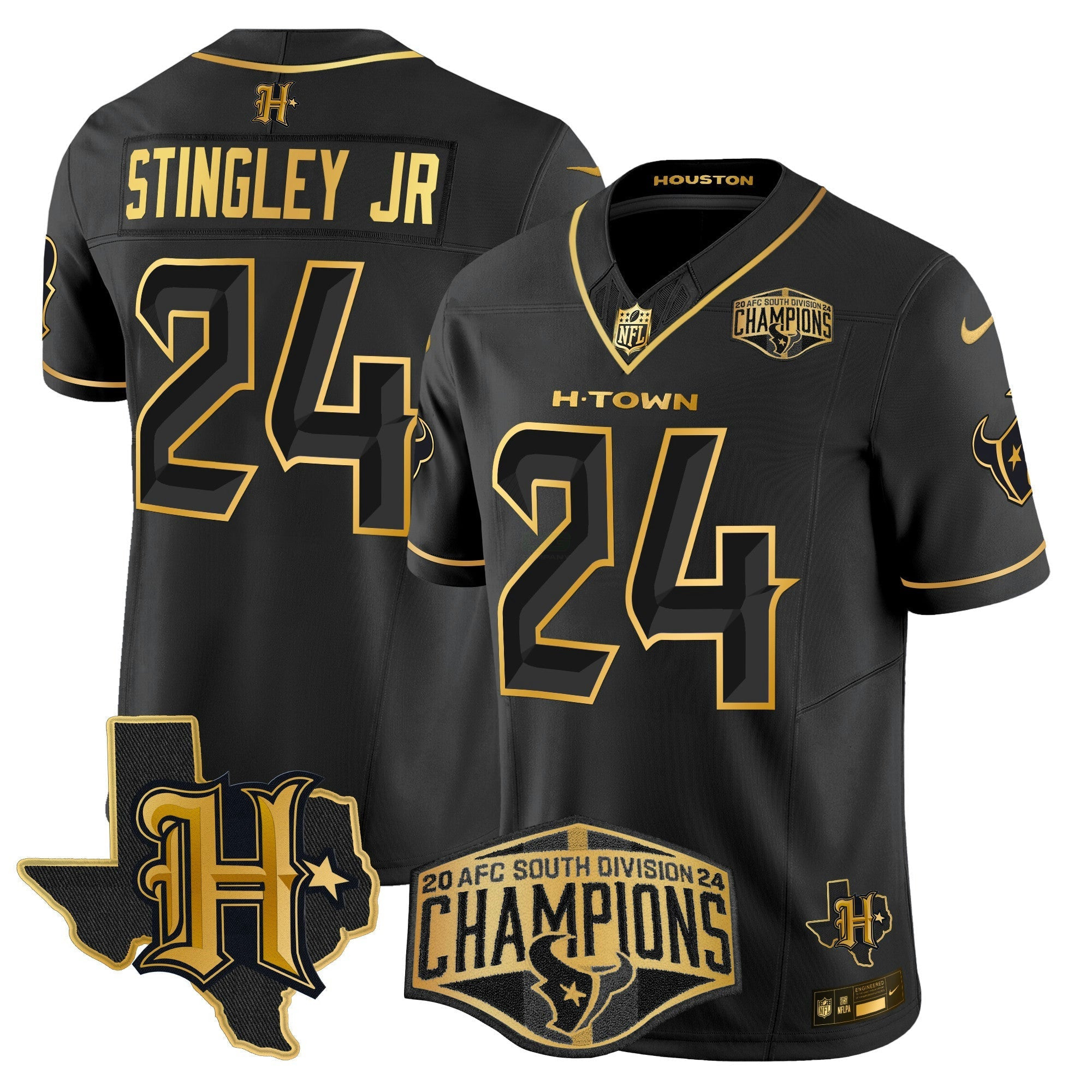 Camisa NFL Men’s Houston 2024 AFC South Division Champions Patch Dourada Vapor Limited Jersey