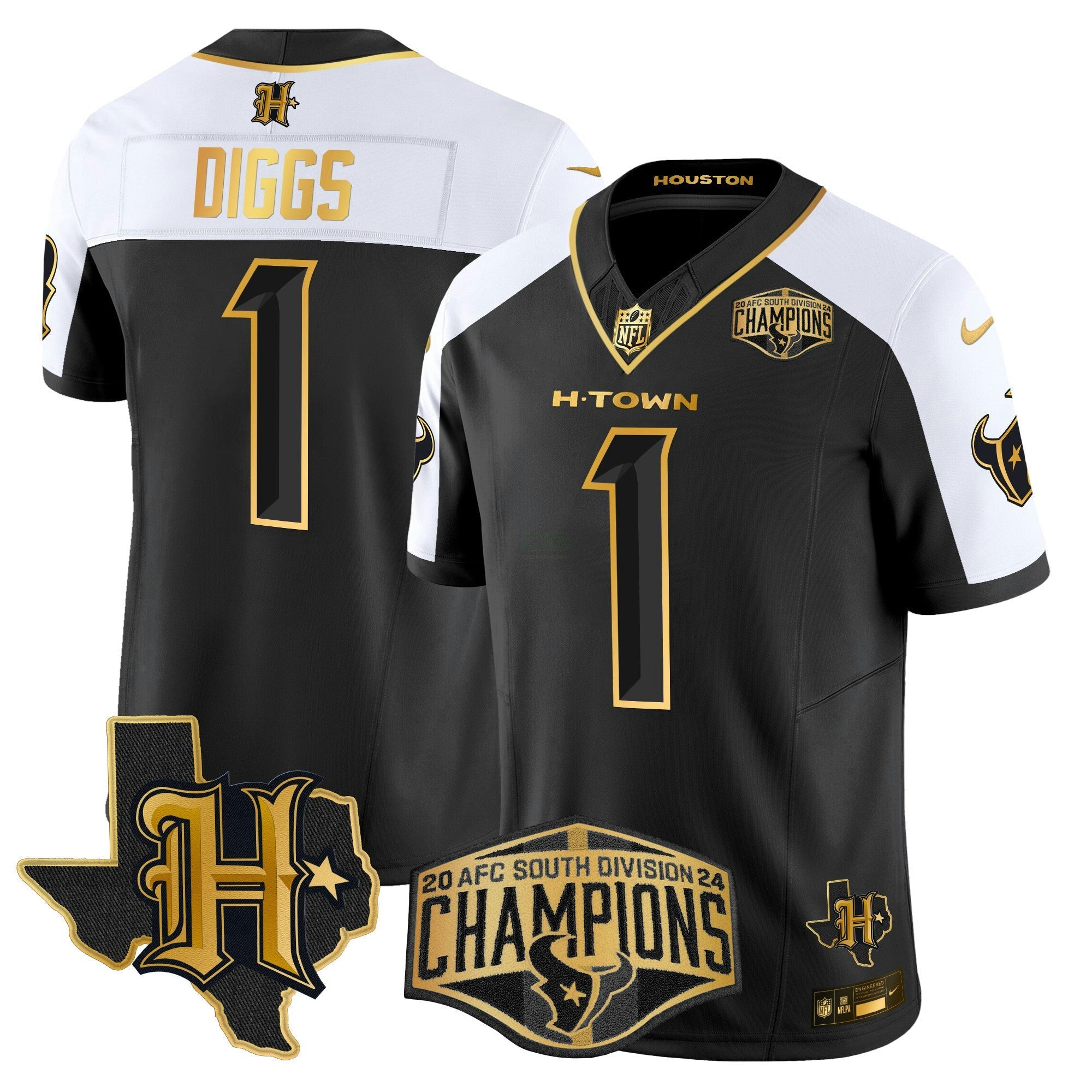 Camisa NFL Men’s Houston 2024 AFC South Division Champions Patch Dourada Vapor Limited Jersey