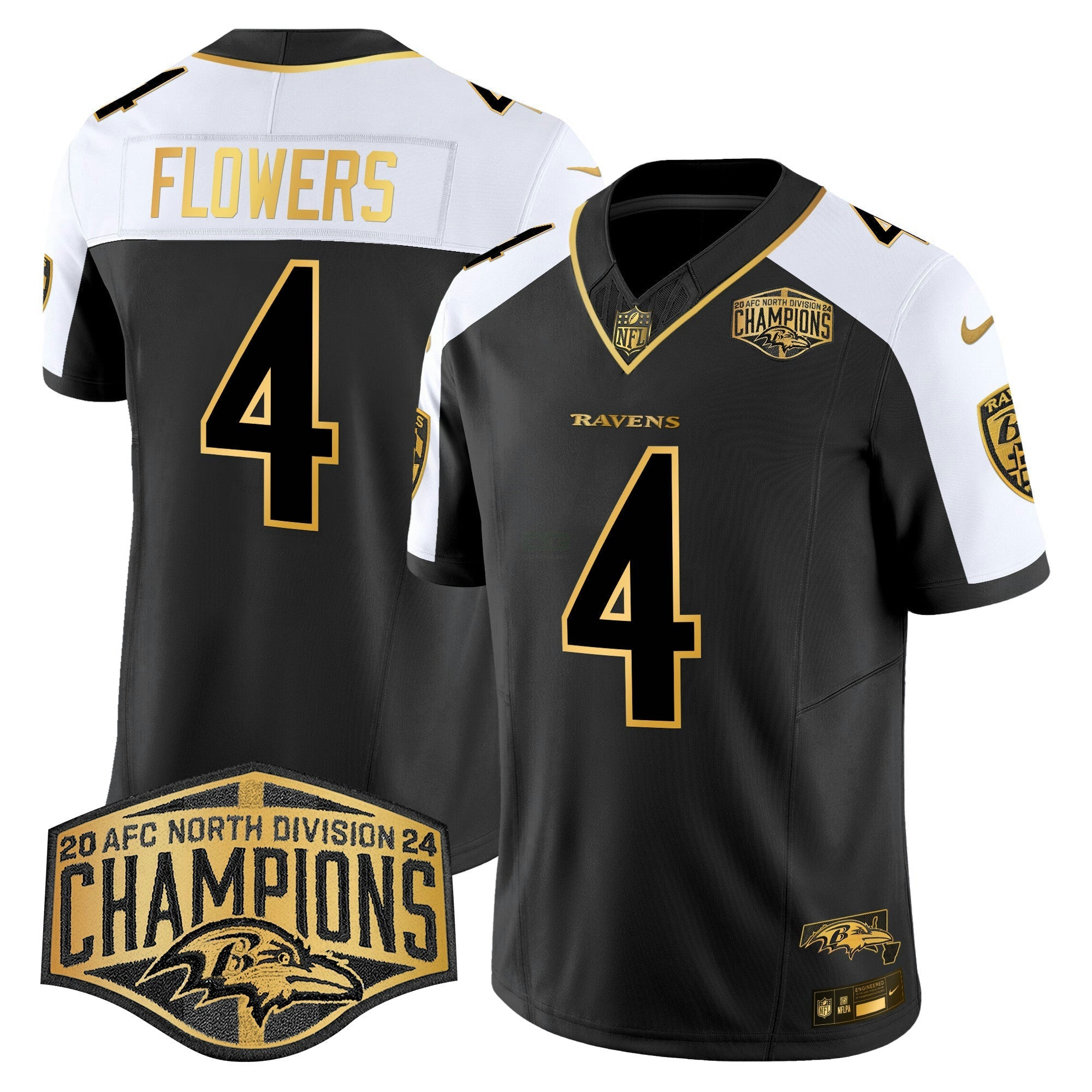 Camisa NFL Men’s Maryland Flag Map 2024 AFC North Division Champions Patch Dourada Vapor Limited Jersey
