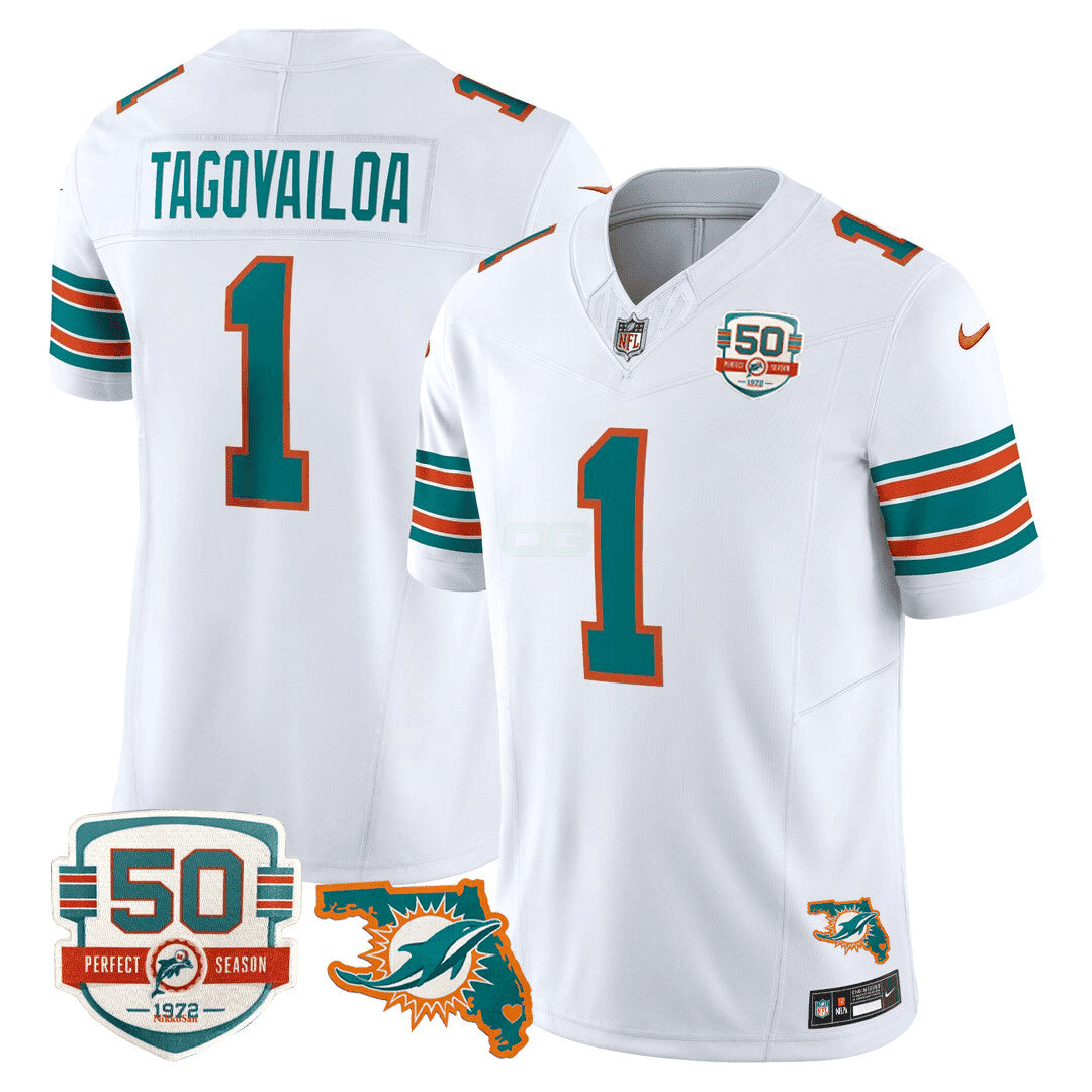 Camisa NFL Men’s Miami DolphinsThrowback 50th Perfect Season & Florida Patch Vapor Jersey