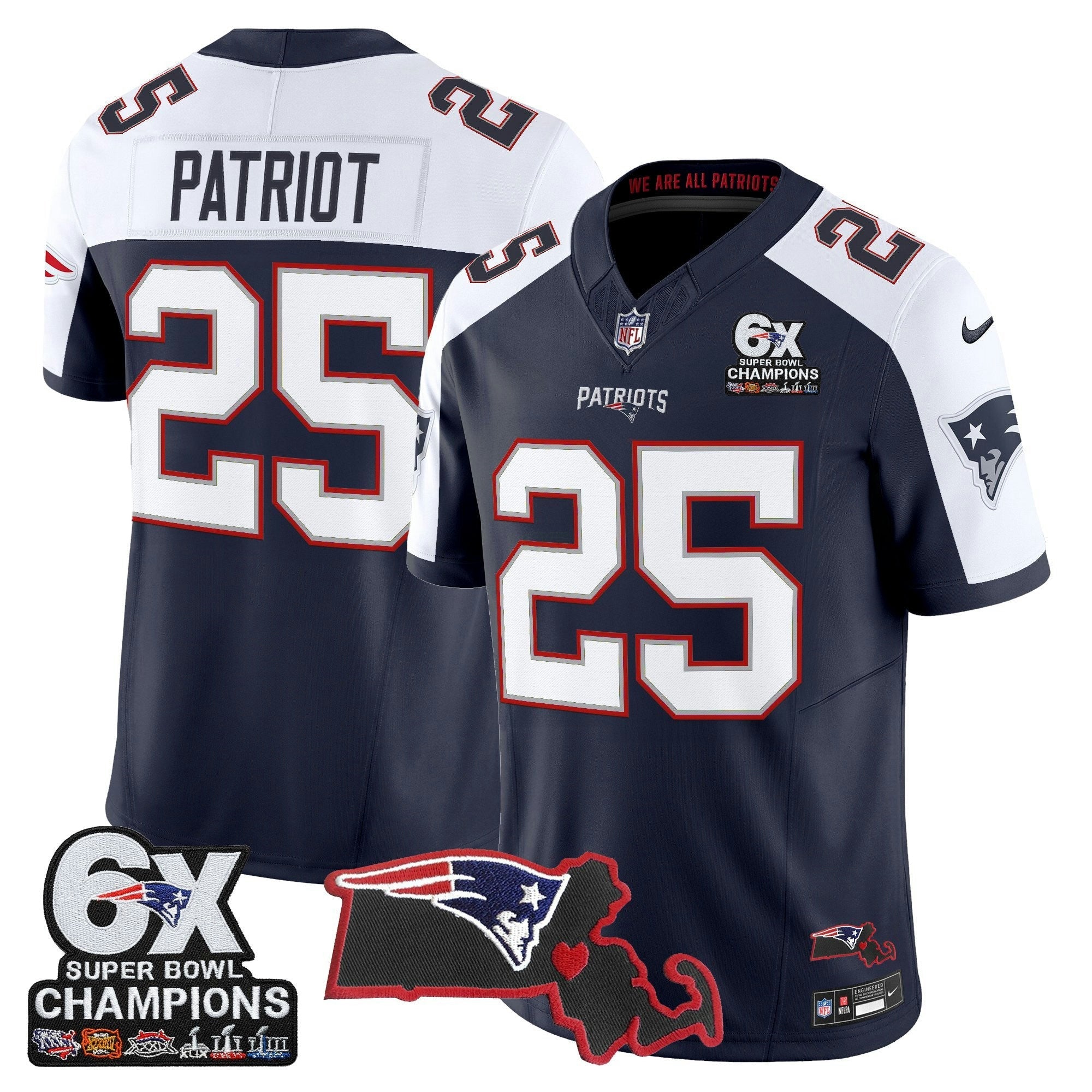 Camisa NFL Men’s New England 6-Time Champions & Massachusetts Patch Vapor Limited Jersey