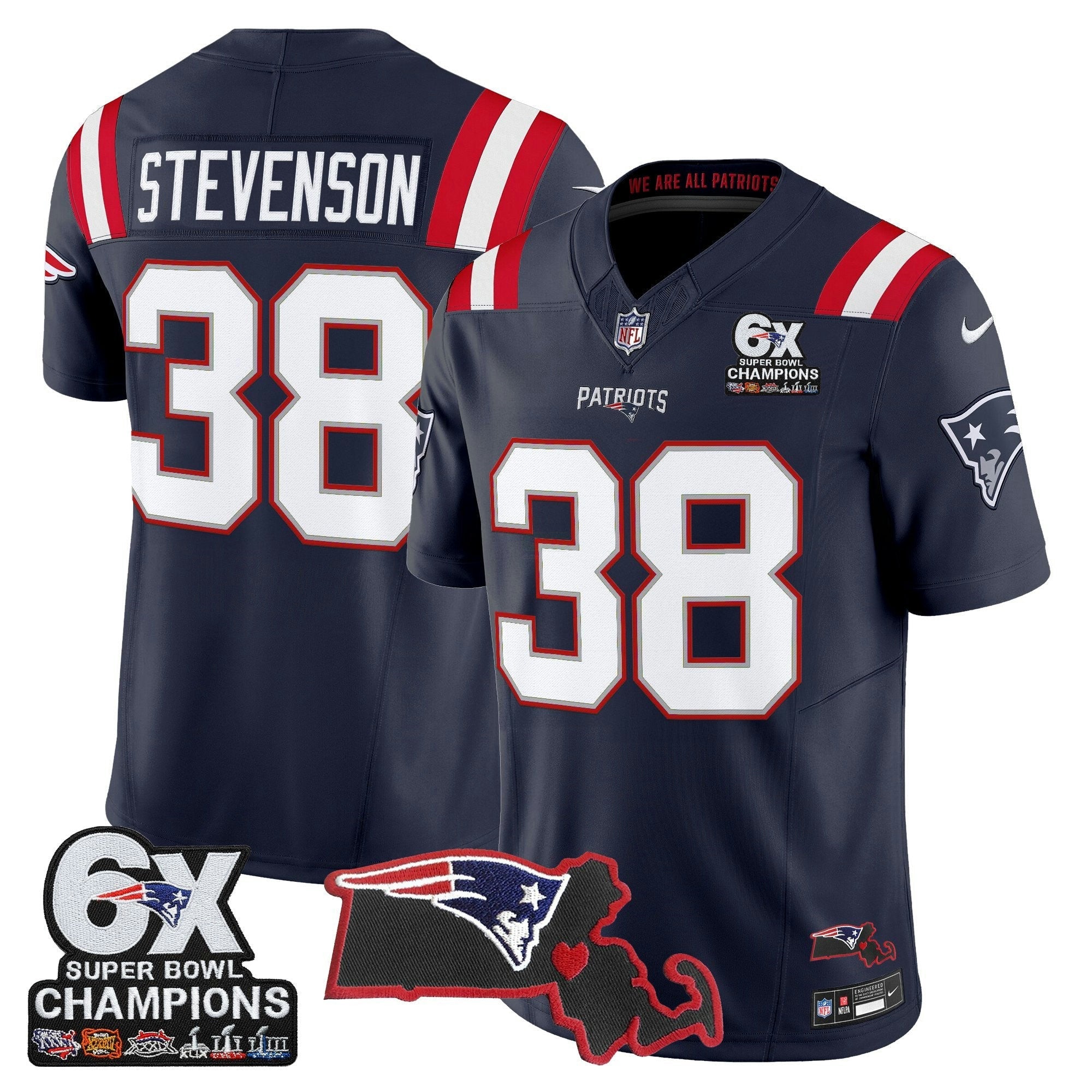 Camisa NFL Men’s New England 6-Time Champions & Massachusetts Patch Vapor Limited Jersey