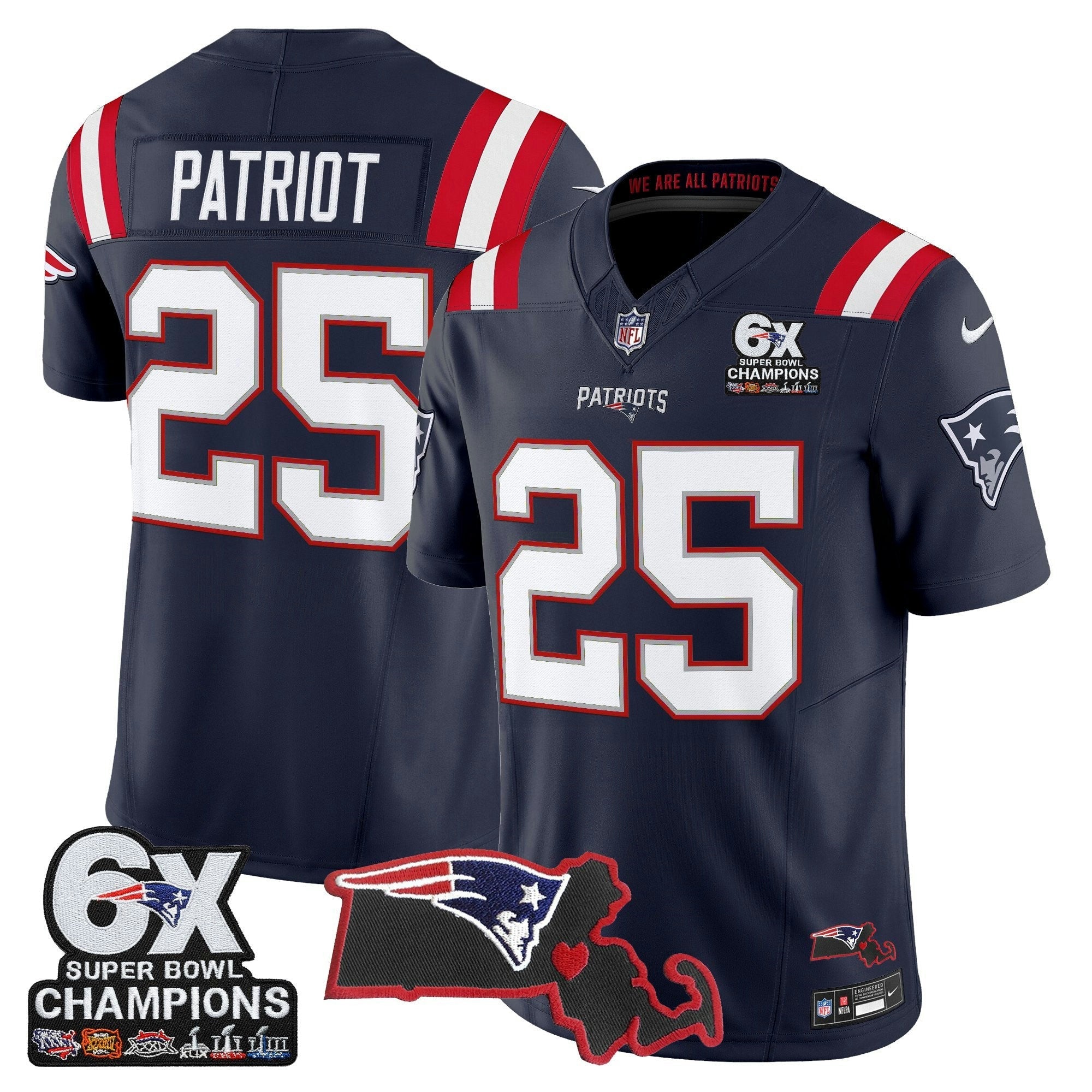 Camisa NFL Men’s New England 6-Time Champions & Massachusetts Patch Vapor Limited Jersey