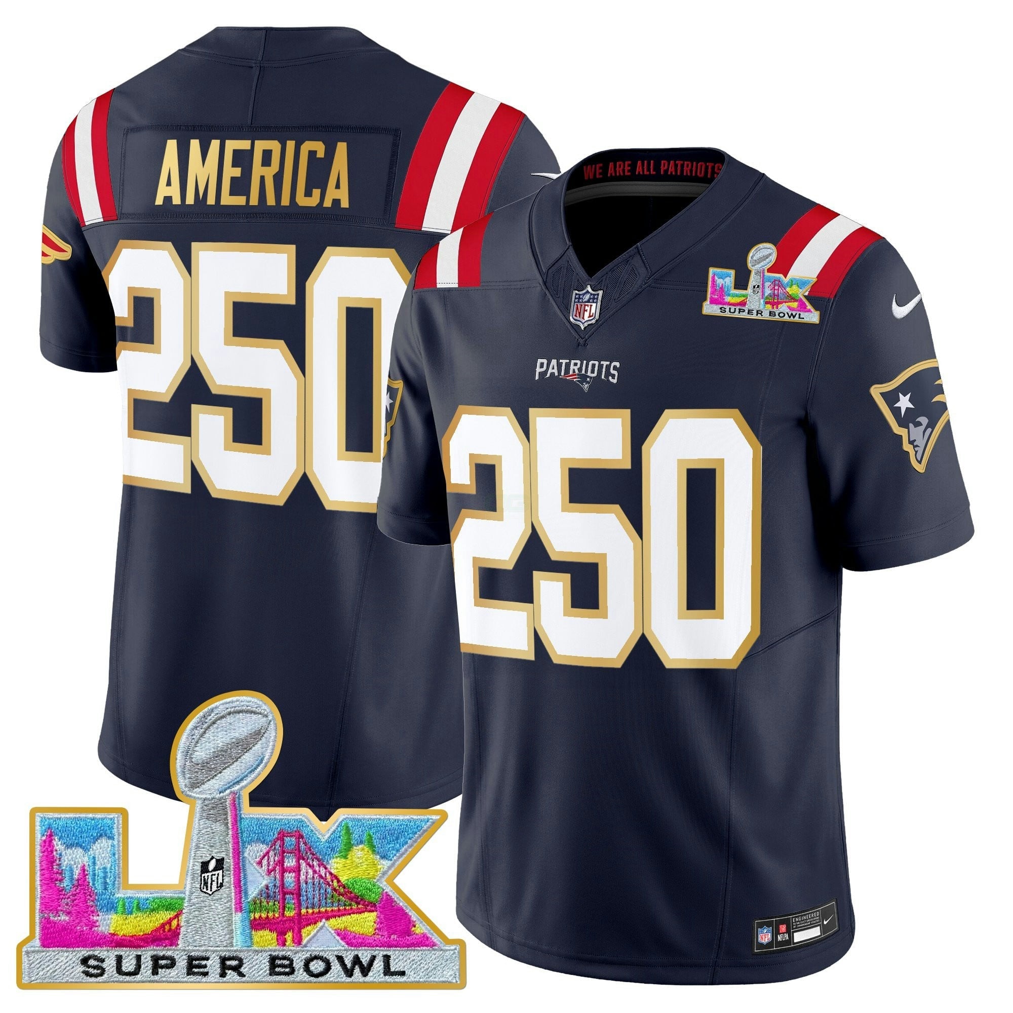 Camisa NFL Men’s New England Super Bowl LX Dourada Trim Vapor Limited Jersey