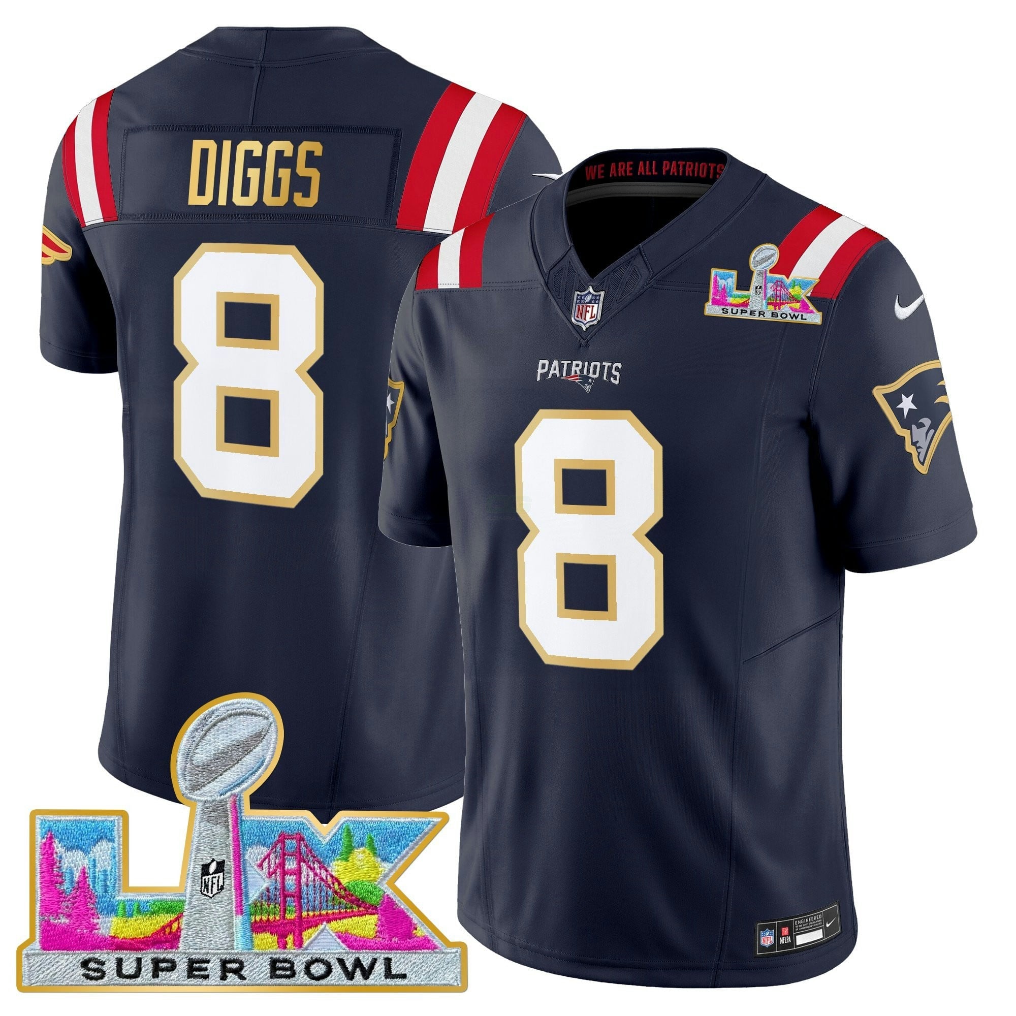 Camisa NFL Men’s New England Super Bowl LX Dourada Trim Vapor Limited Jersey