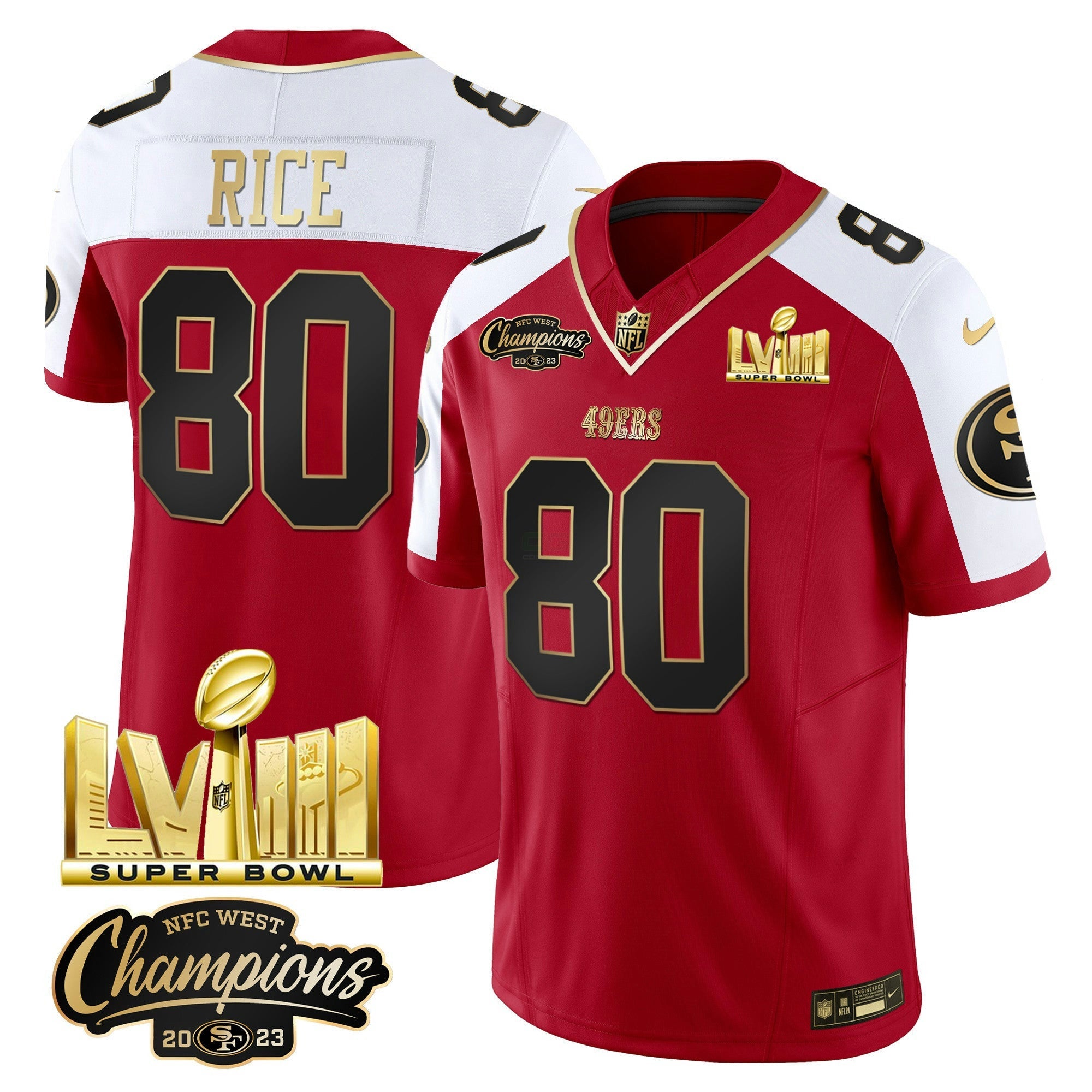 Camisa NFL Men’s NFC West Champions & Super Bowl LVIII Dourada Patch Vapor Jersey V2