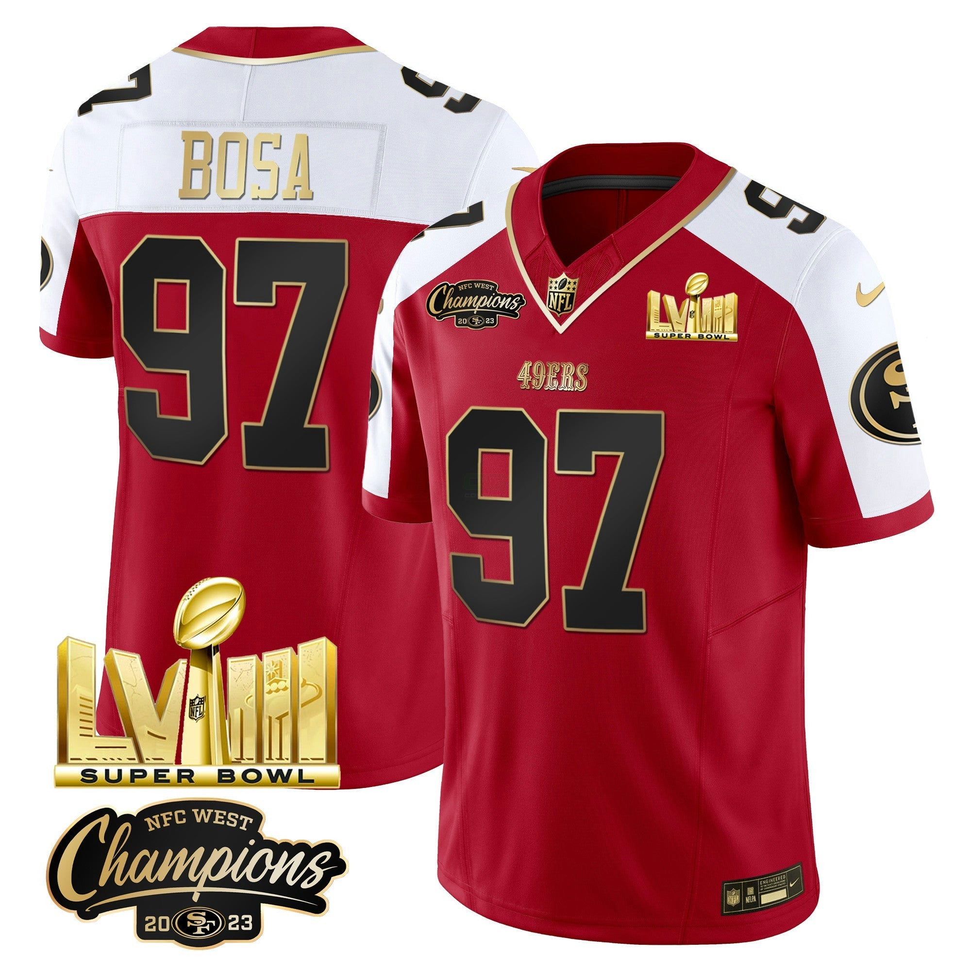 Camisa NFL Men’s NFC West Champions & Super Bowl LVIII Dourada Patch Vapor Jersey V2