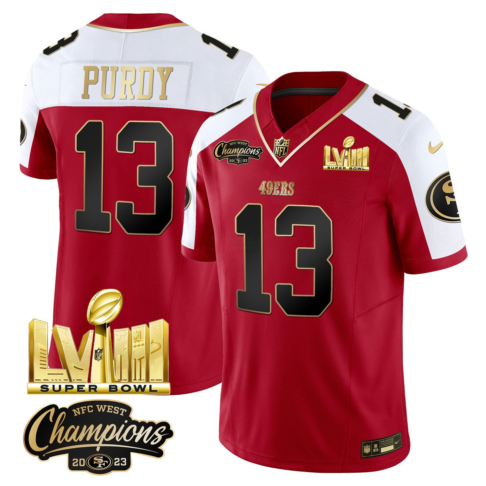 Camisa NFL Men’s NFC West Champions & Super Bowl LVIII Dourada Patch Vapor Jersey V2