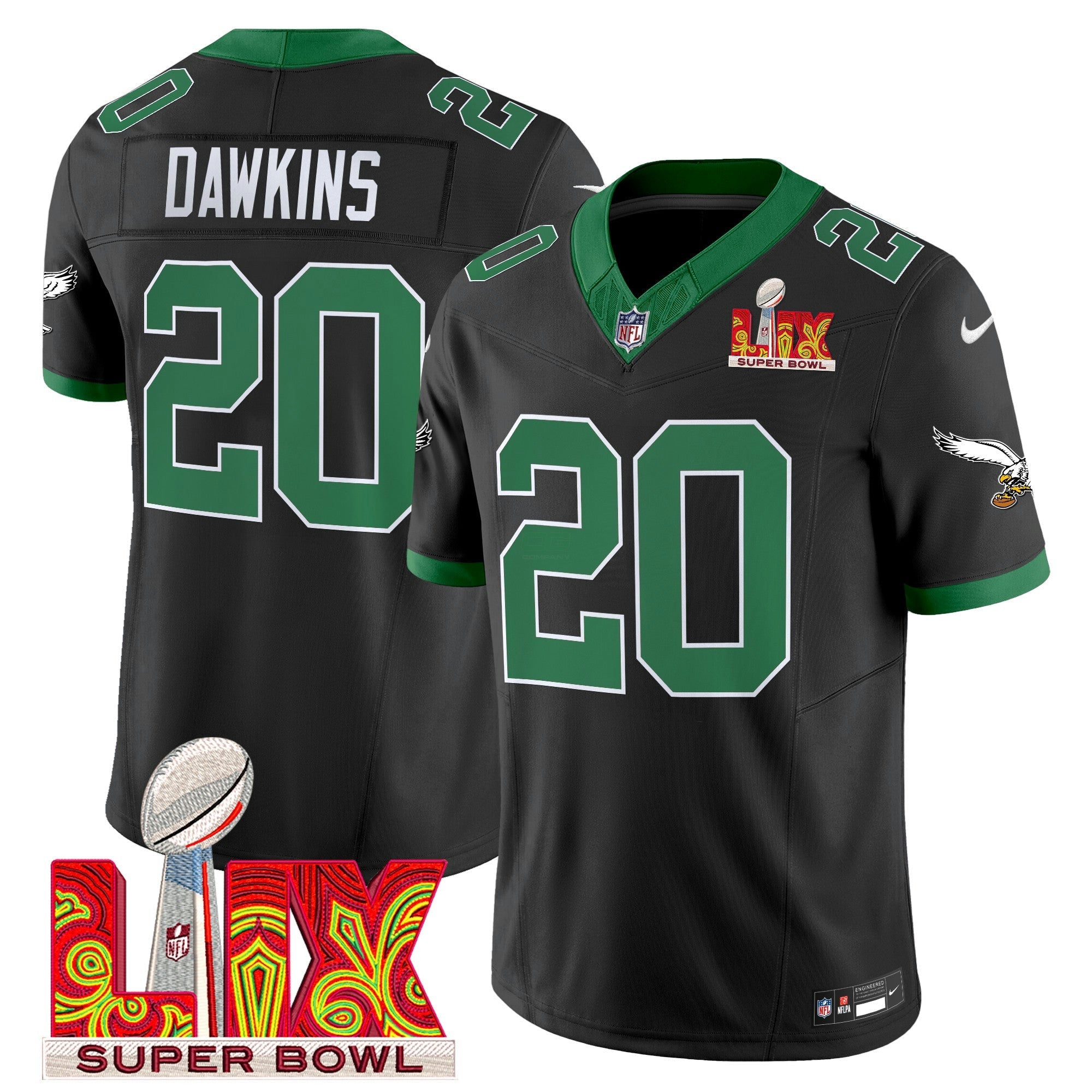 Camisa NFL Men’s Philadelphia Kelly Green Super Bowl LIX Patch Vapor Limited Jersey