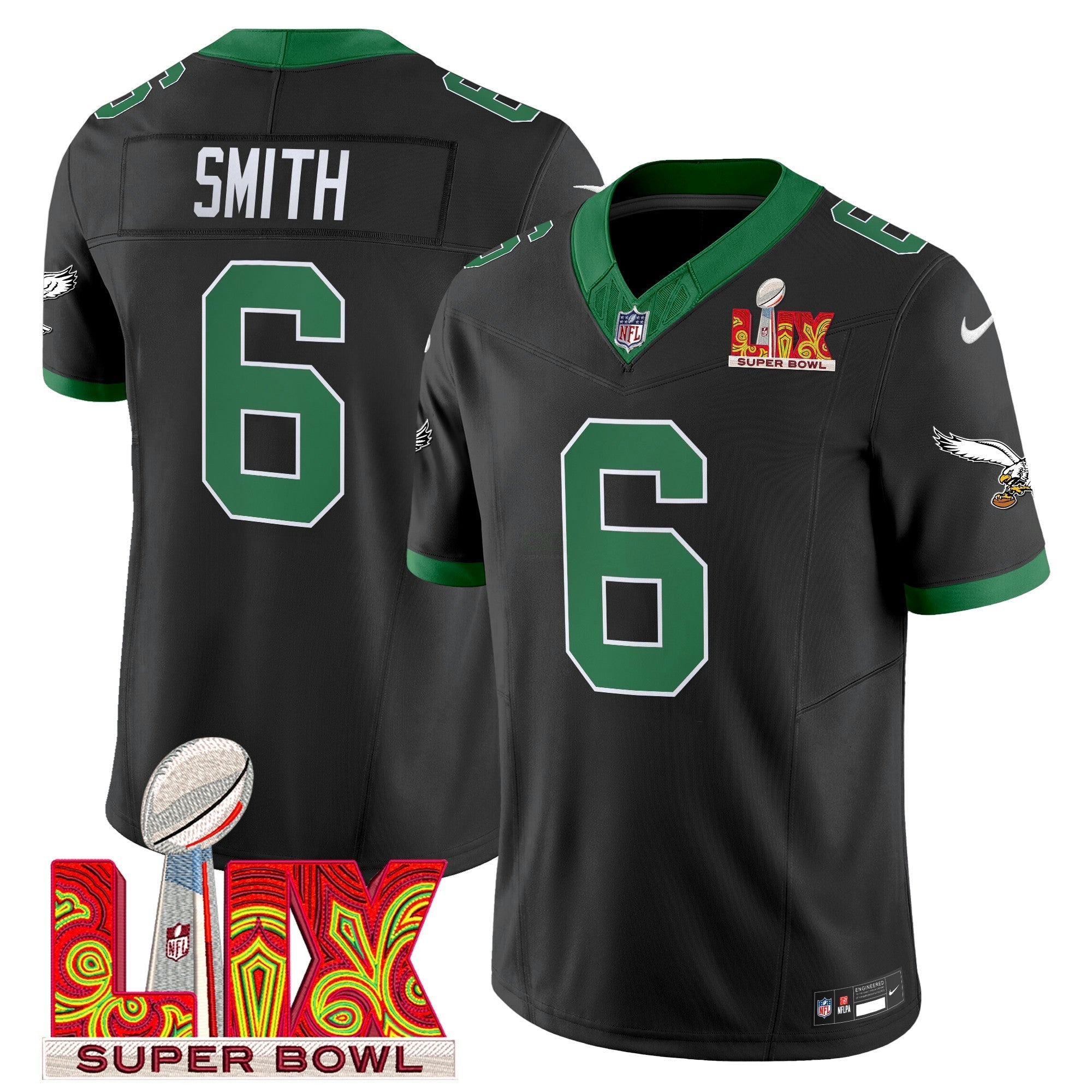 Camisa NFL Men’s Philadelphia Kelly Green Super Bowl LIX Patch Vapor Limited Jersey