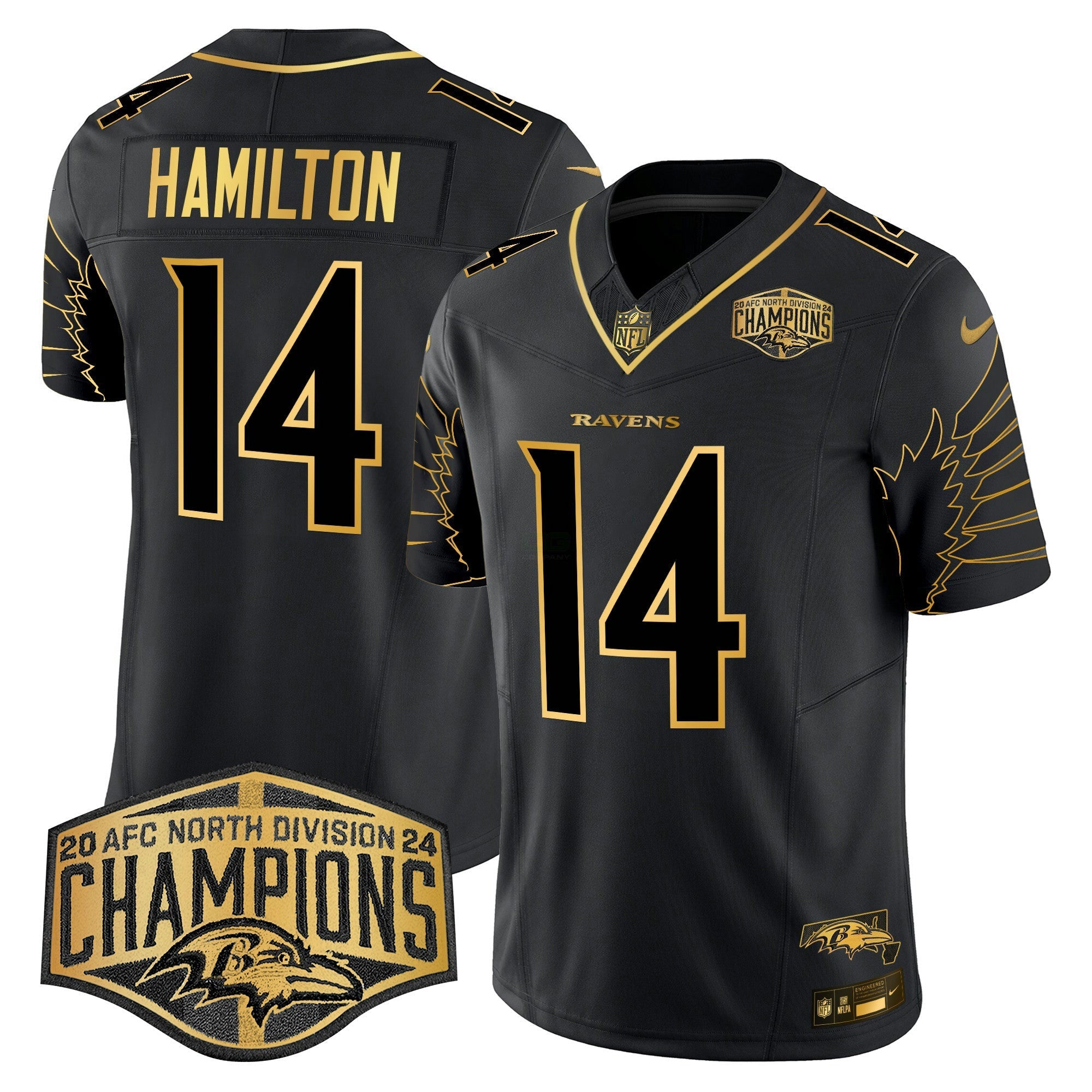 Camisa NFL Men’s Ravens Maryland 2024 AFC North Division Champions Patch Dourada Vapor Limited Jersey