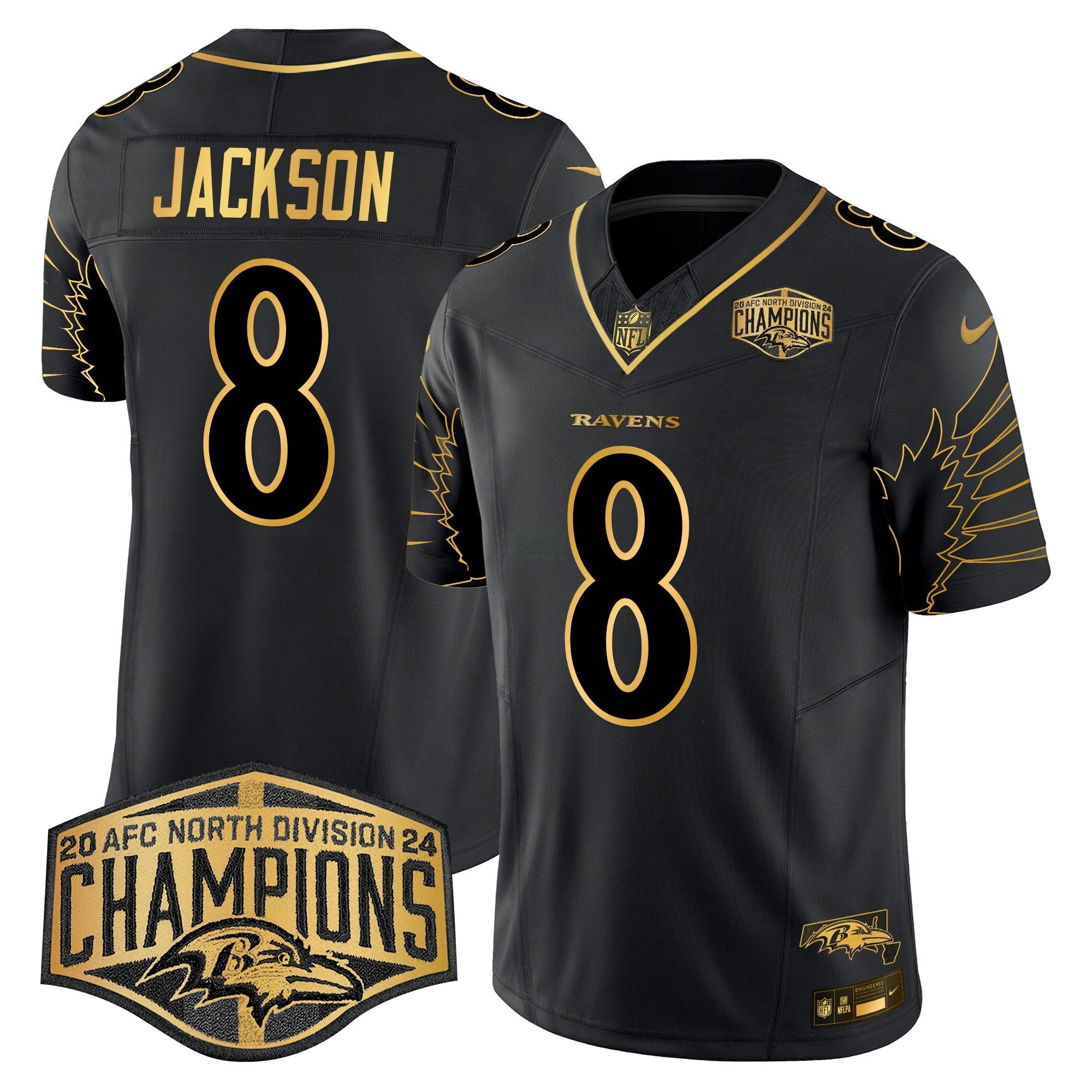 Camisa NFL Men’s Ravens Maryland 2024 AFC North Division Champions Patch Dourada Vapor Limited Jersey