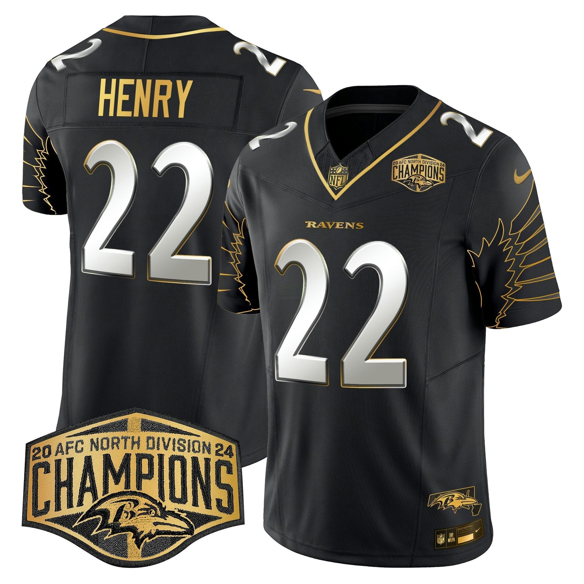 Camisa NFL Men’s Ravens Maryland 2024 AFC North Division Champions Patch Dourada Vapor Limited Jersey