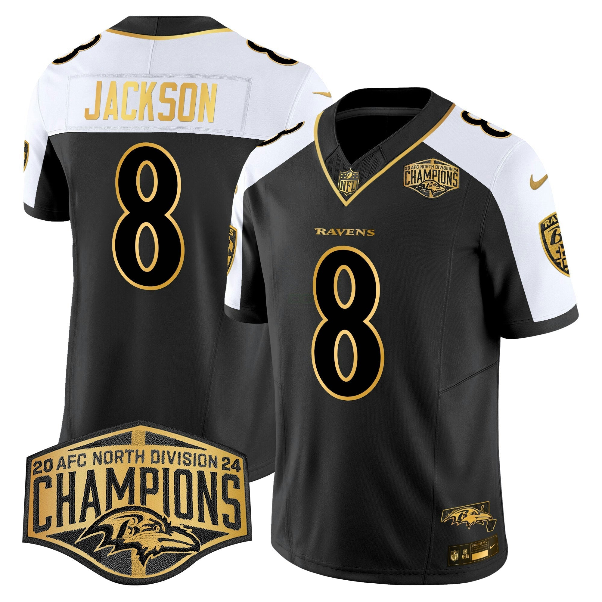 Camisa NFL Men’s Ravens Maryland 2024 AFC North Division Champions Patch Dourada Vapor Limited Jersey