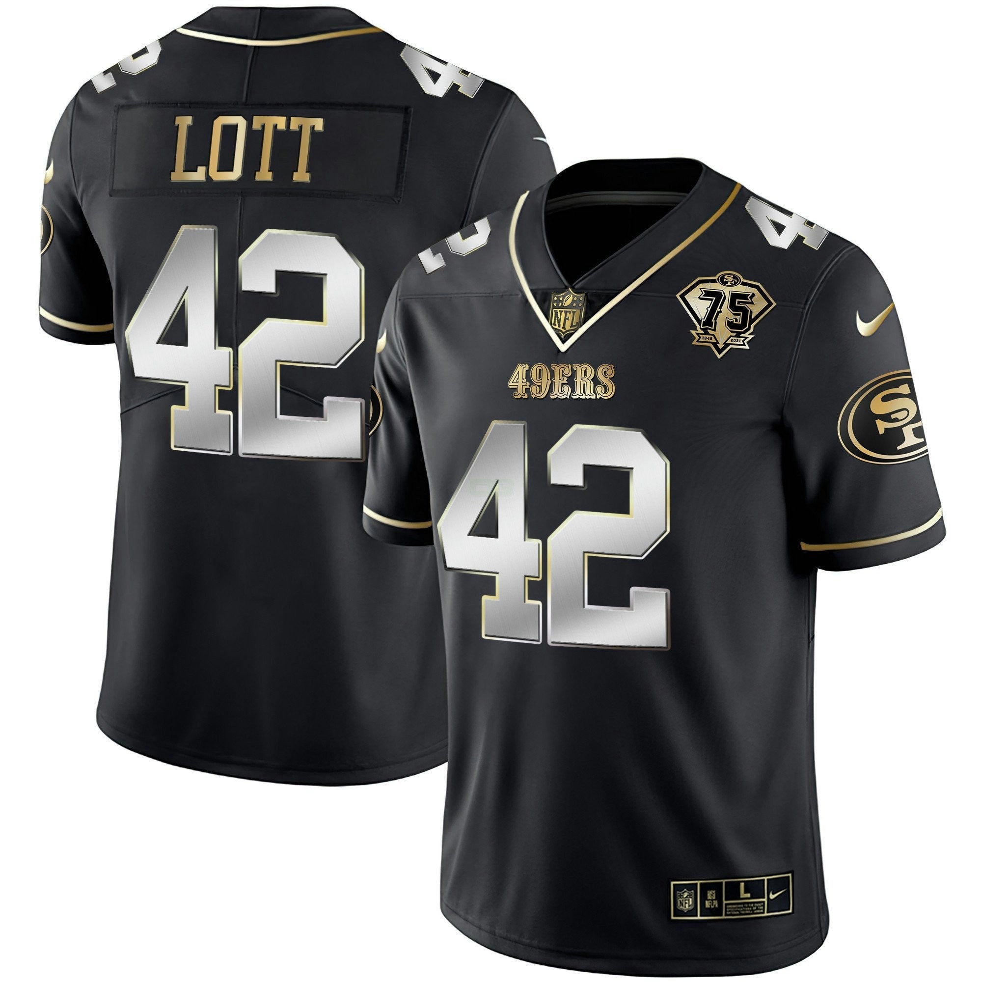 Camisa NFL Men’s Ronnie Lott 75th Anniversary Patch Vapor Preta Vermelha Dourada Limited
