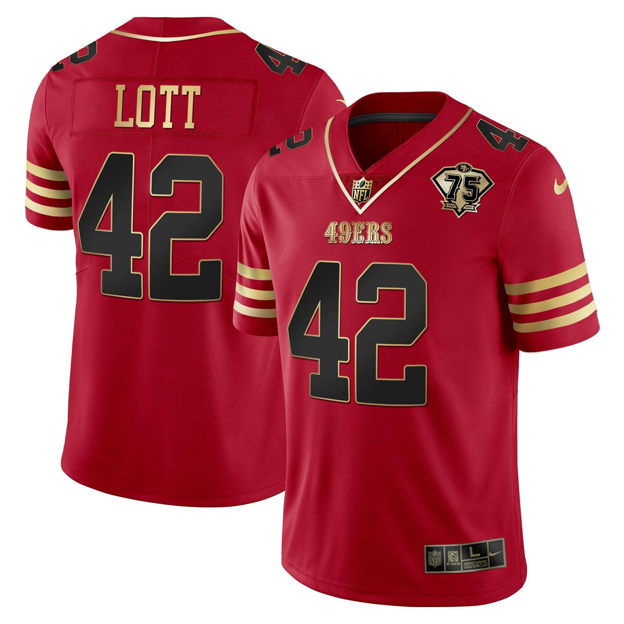 Camisa NFL Men’s Ronnie Lott 75th Anniversary Patch Vapor Preta Vermelha Dourada Limited