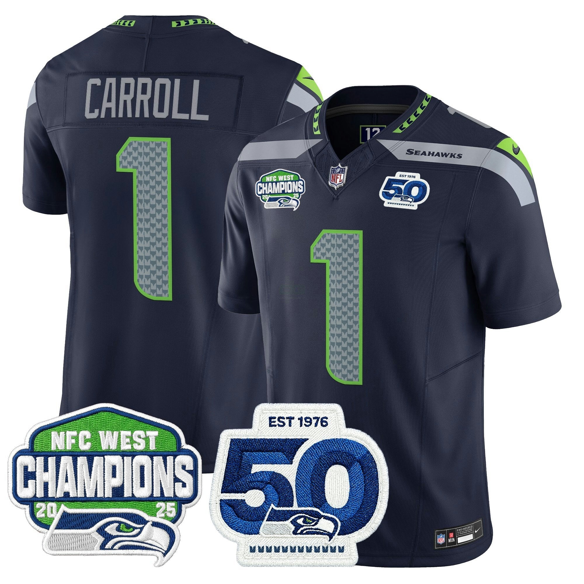 Camisa NFL Men’s Seattle 2025 NFC West Division Champions & 50th Anniversary Patch Vapor Limited Jersey