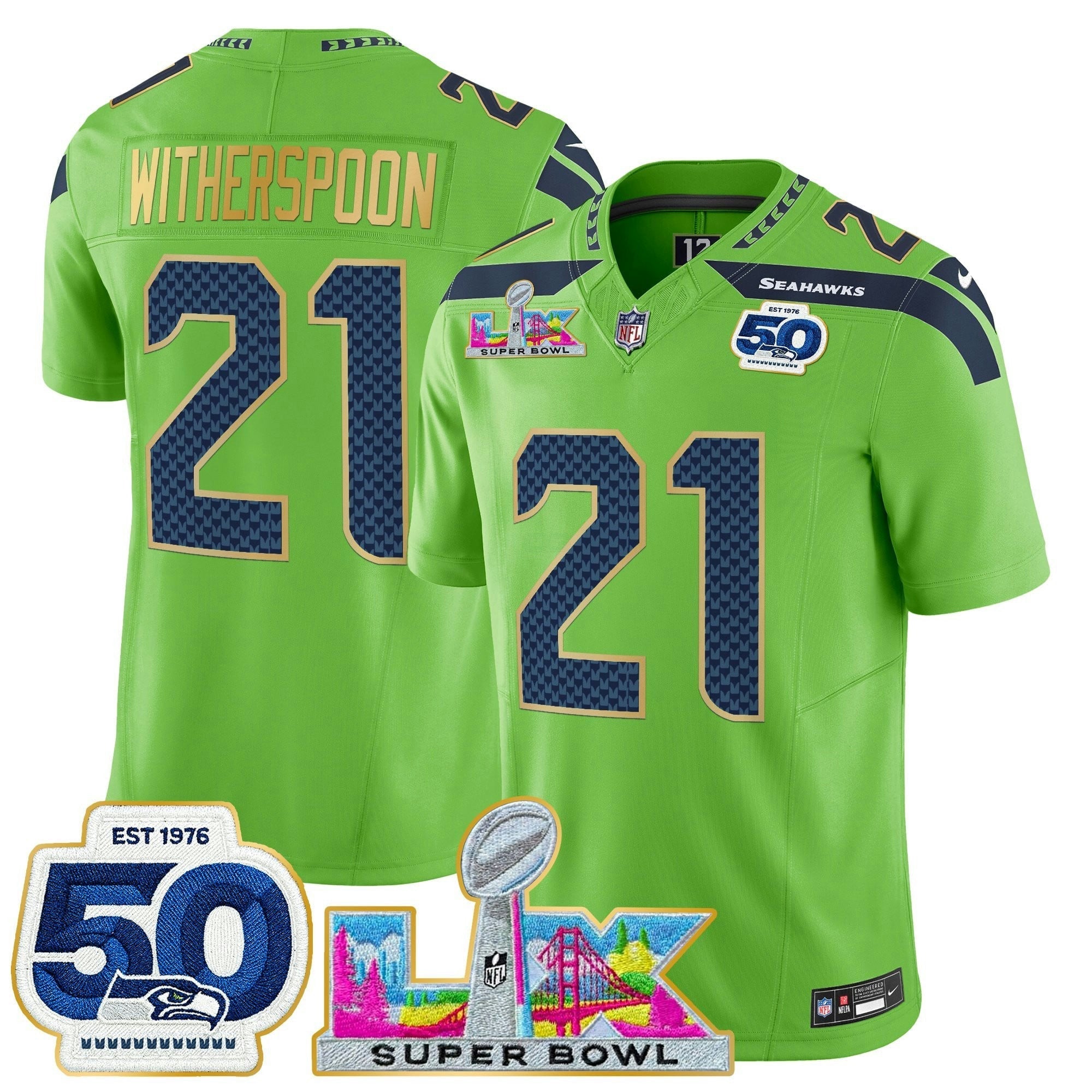 Camisa NFL Men’s Seattle “Super Bowl LX & 50th Patch” Dourada Trim Vapor Limited Jersey