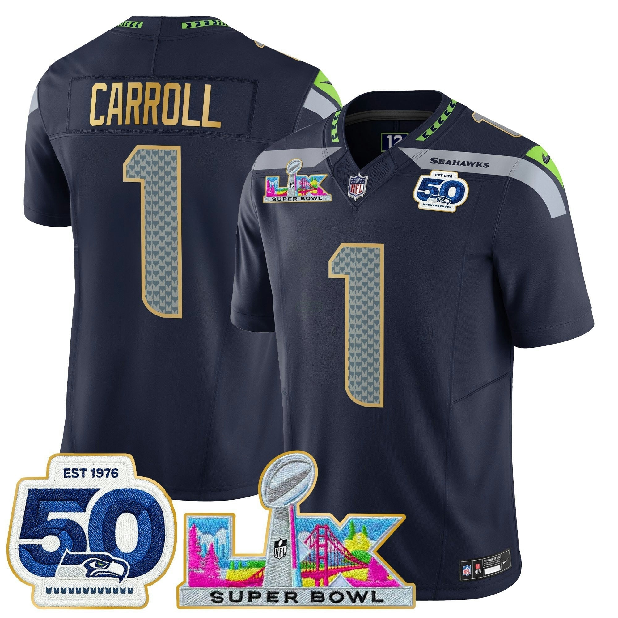Camisa NFL Men’s Seattle “Super Bowl LX & 50th Patch” Dourada Trim Vapor Limited Jersey