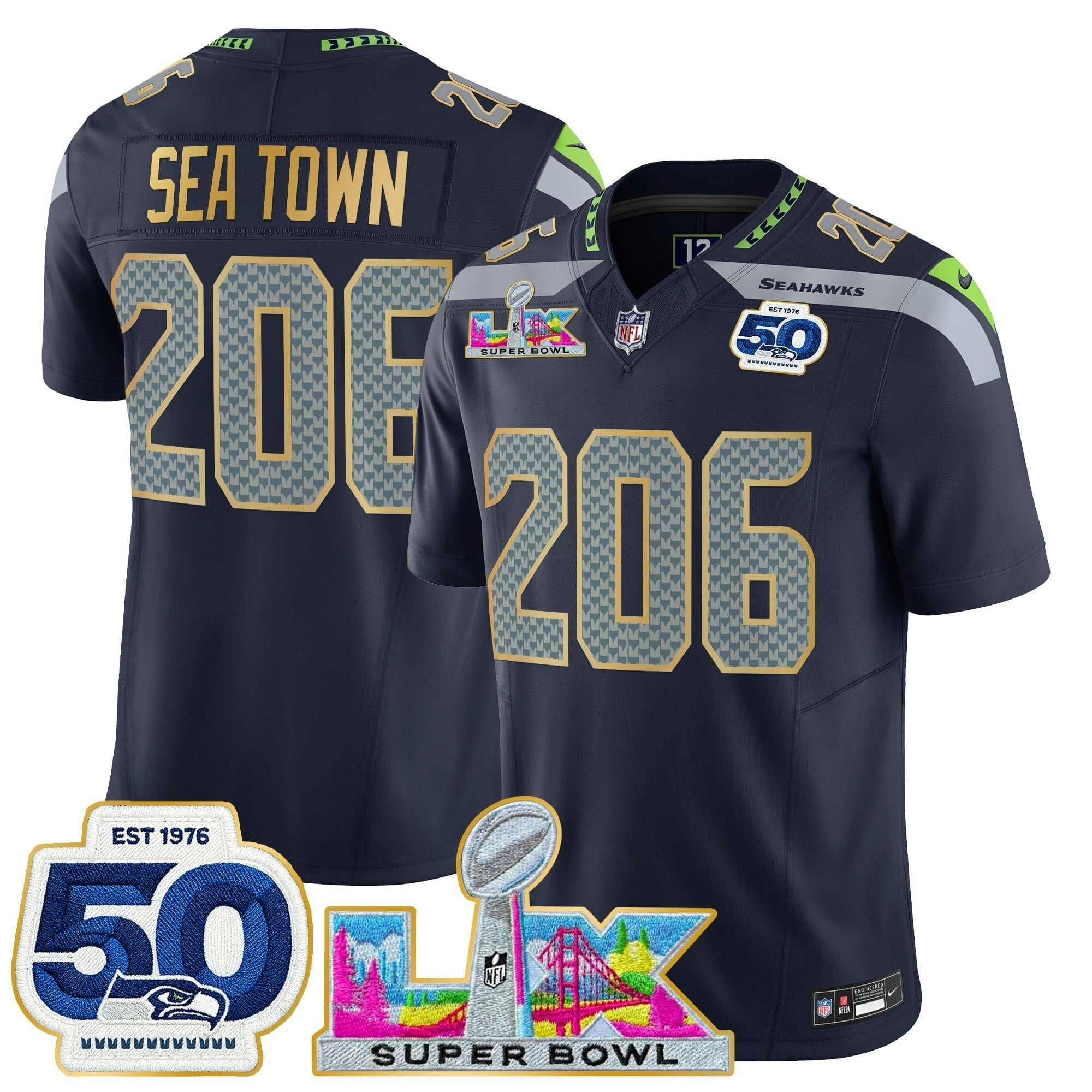 Camisa NFL Men’s Seattle “Super Bowl LX & 50th Patch” Dourada Trim Vapor Limited Jersey