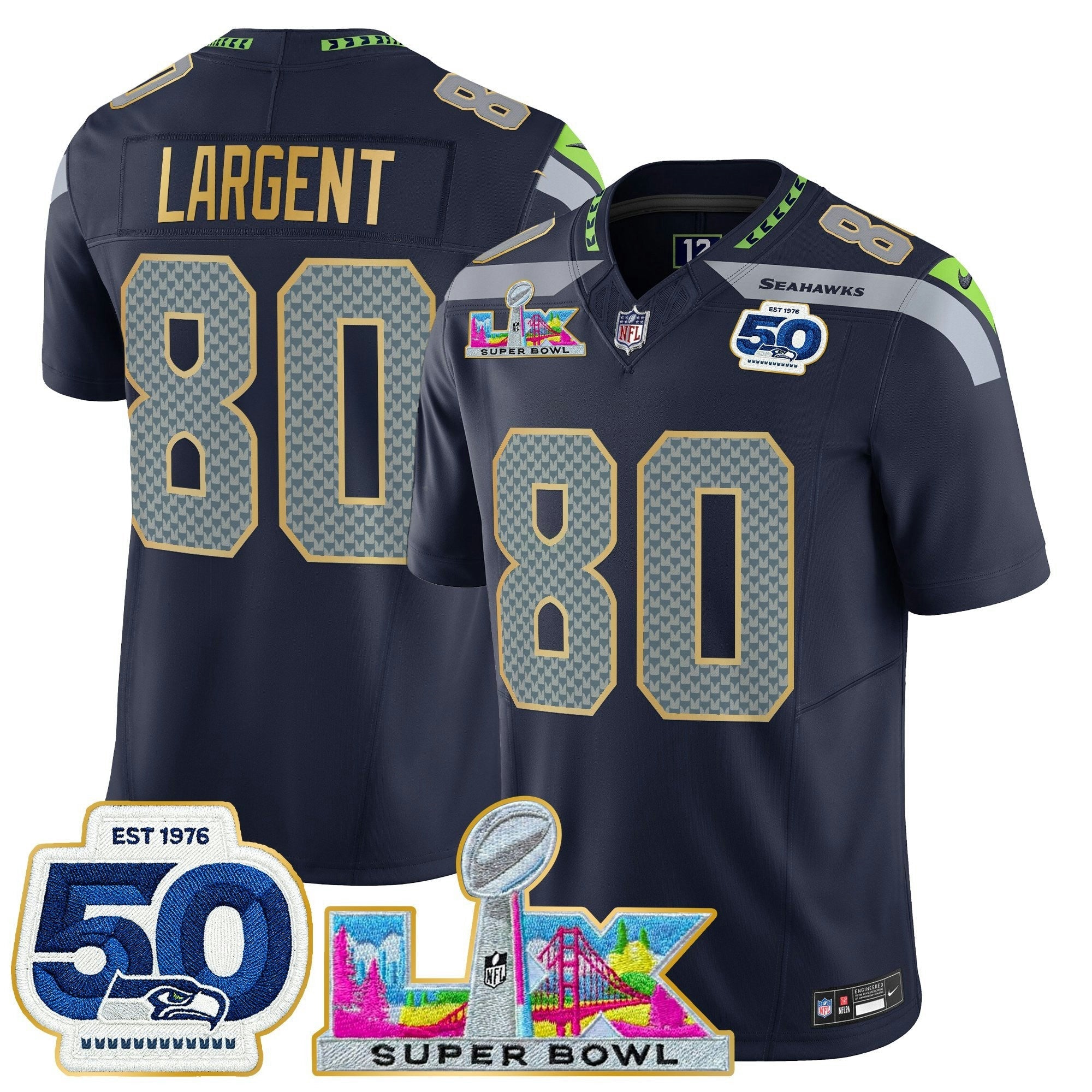 Camisa NFL Men’s Seattle “Super Bowl LX & 50th Patch” Dourada Trim Vapor Limited Jersey