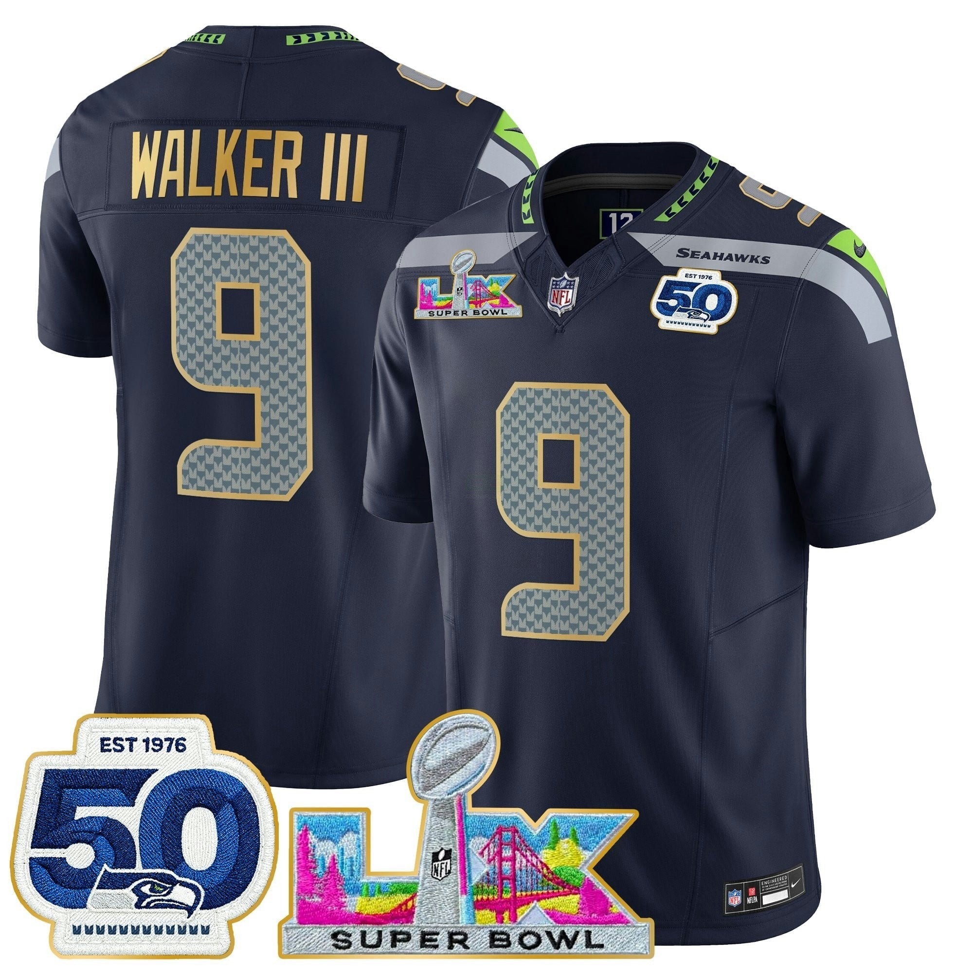 Camisa NFL Men’s Seattle “Super Bowl LX & 50th Patch” Dourada Trim Vapor Limited Jersey