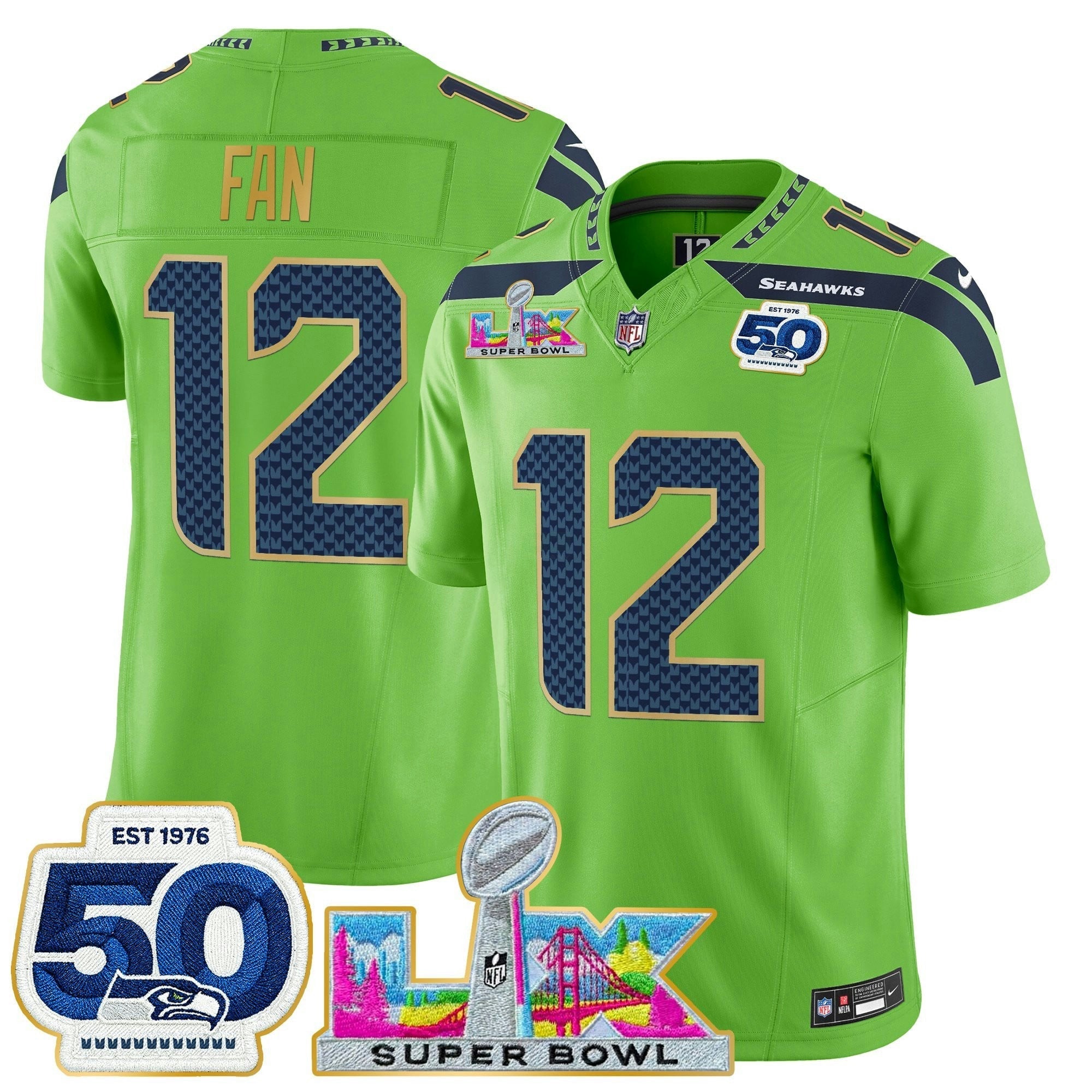 Camisa NFL Men’s Seattle “Super Bowl LX & 50th Patch” Dourada Trim Vapor Limited Jersey