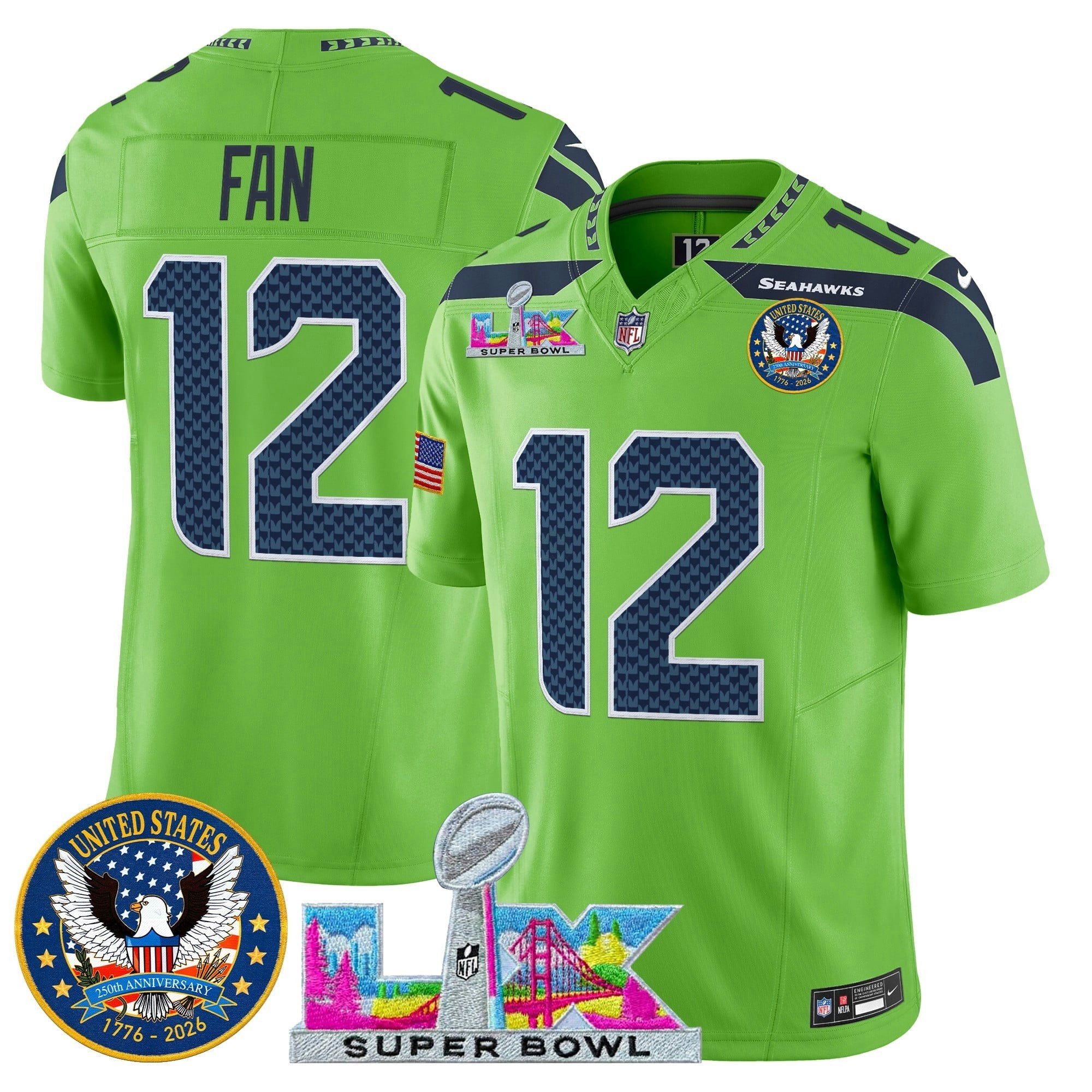 Camisa NFL Men’s Seattle “Super Bowl LX & United States 250th Patch” Vapor Limited Jersey