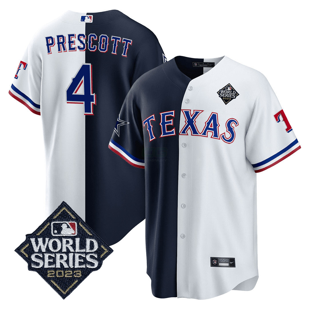 Camisa NFL Men’s Split Rangers – 2023 World Series Patch Cool Base Jersey - Branca - Azul Marinho