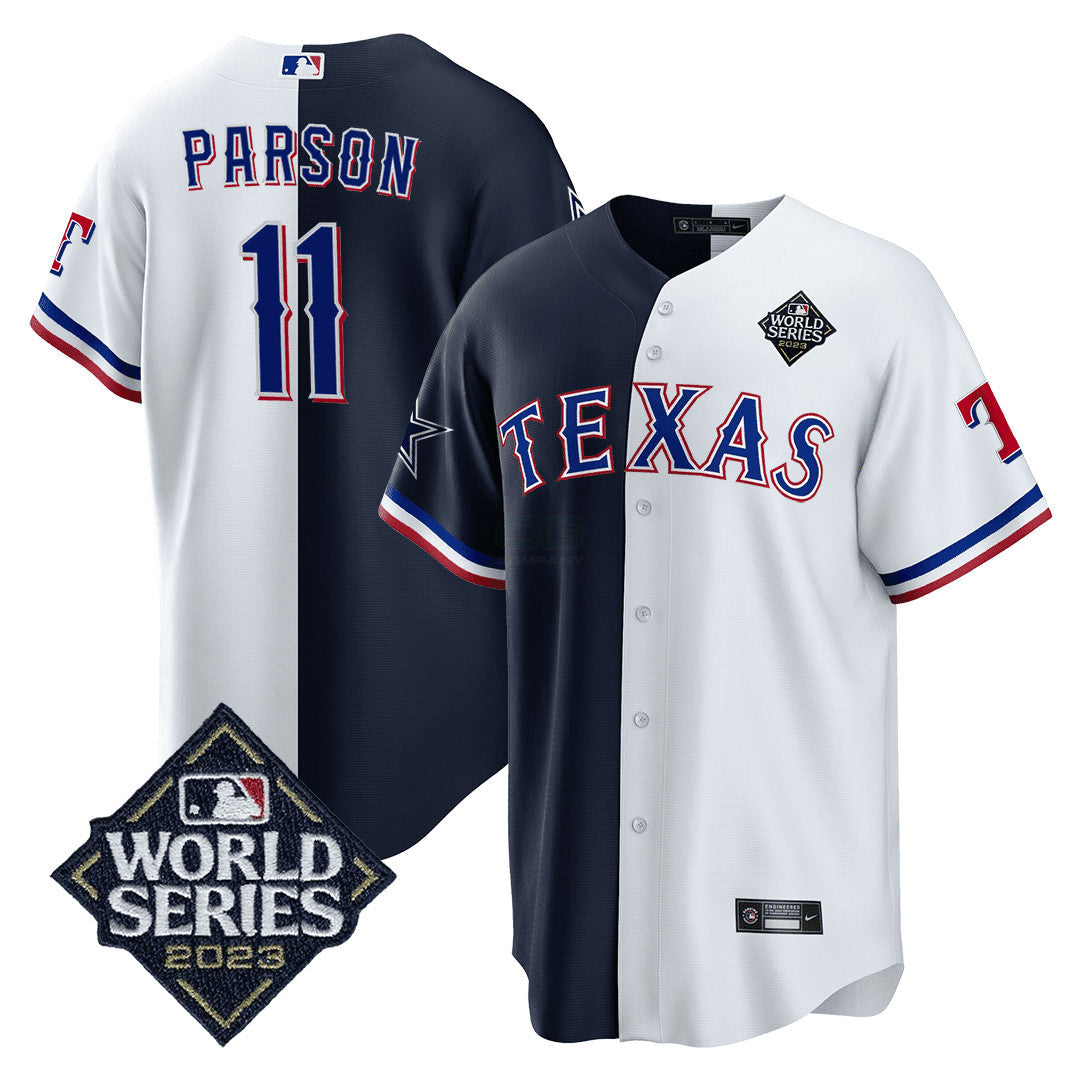 Camisa NFL Men’s Split Rangers – 2023 World Series Patch Cool Base Jersey - Branca - Azul Marinho