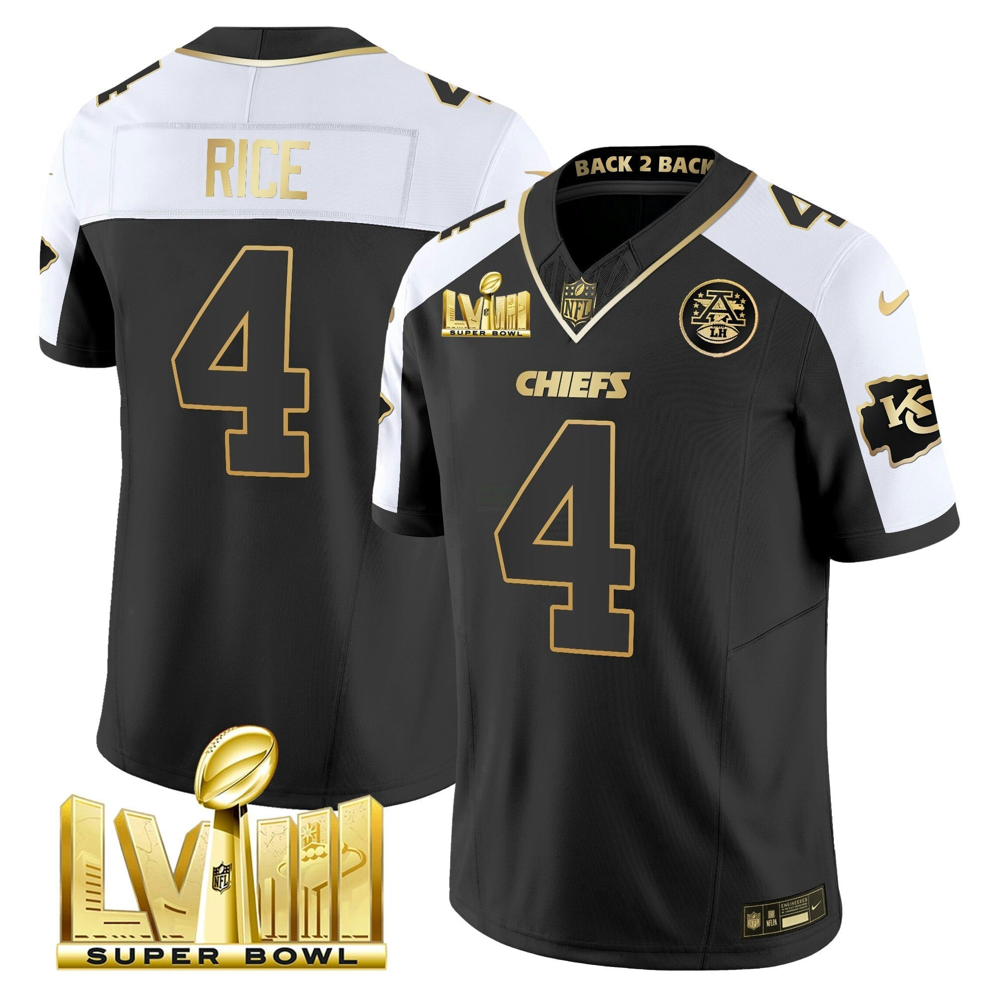 Camisa NFL Men’s Super Bowl LVIII & Back 2 Back Gold Patch Vapor Jersey V5