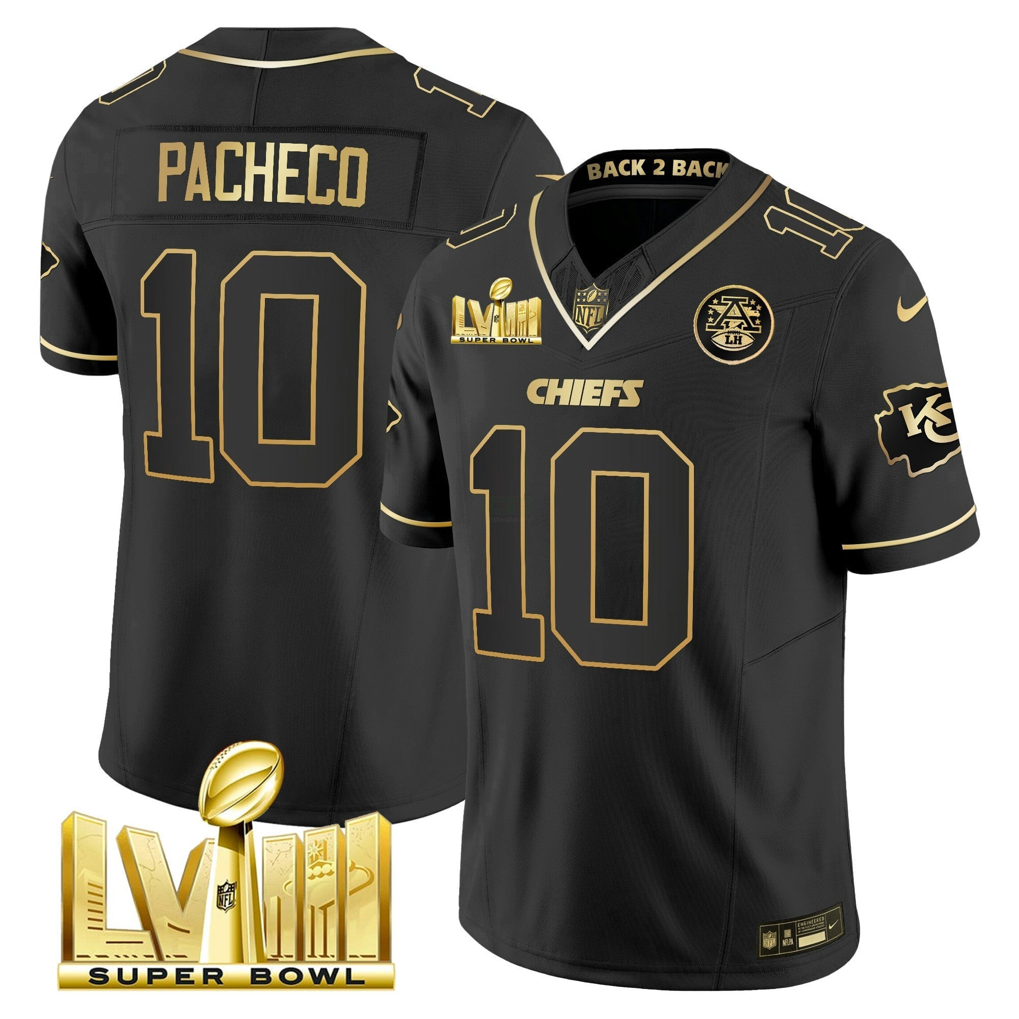 Camisa NFL Men’s Super Bowl LVIII & Back 2 Back Gold Patch Vapor Jersey V5