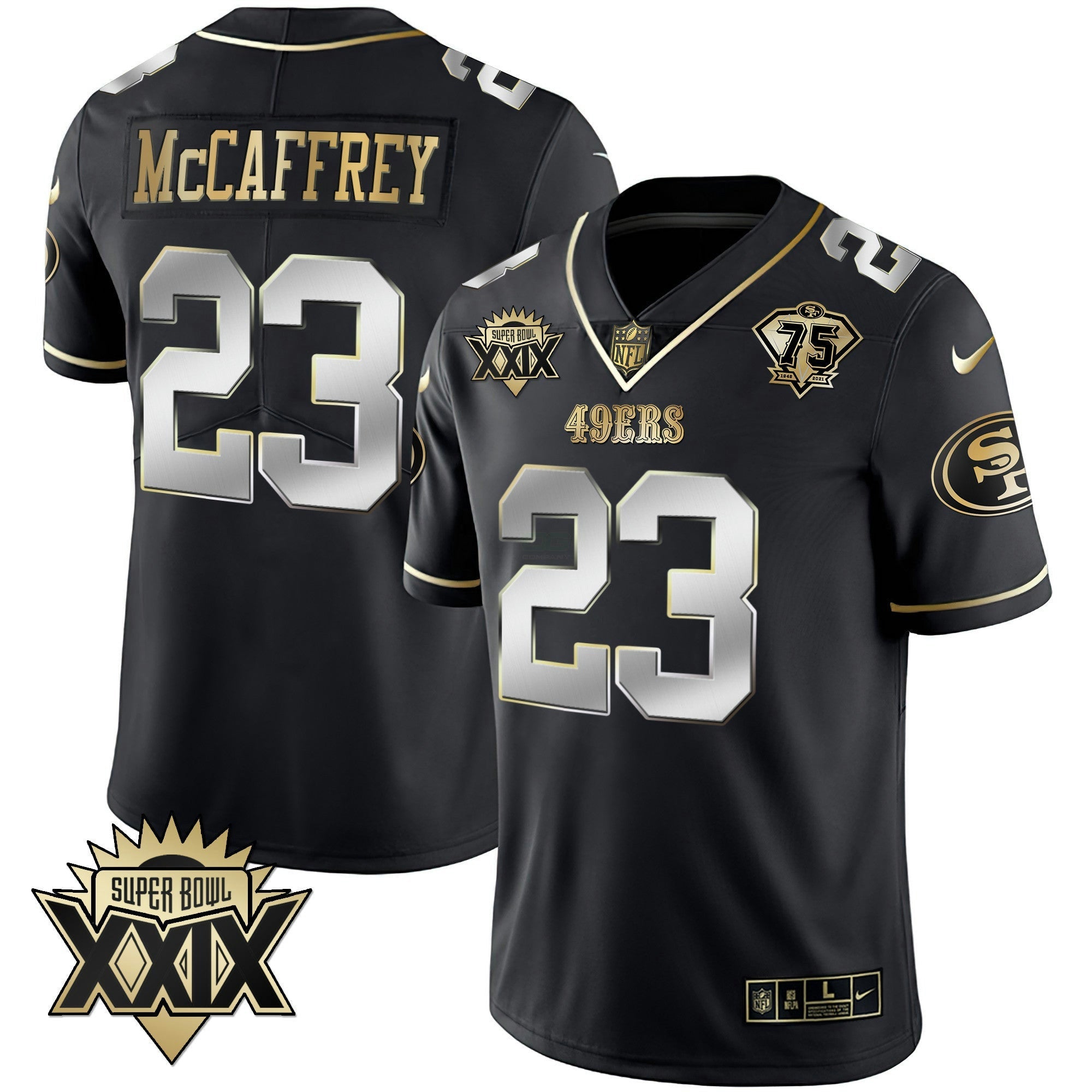 Camisa NFL Men’s Super Bowl XXIX Patch Preta Vermelha Dourada Jersey
