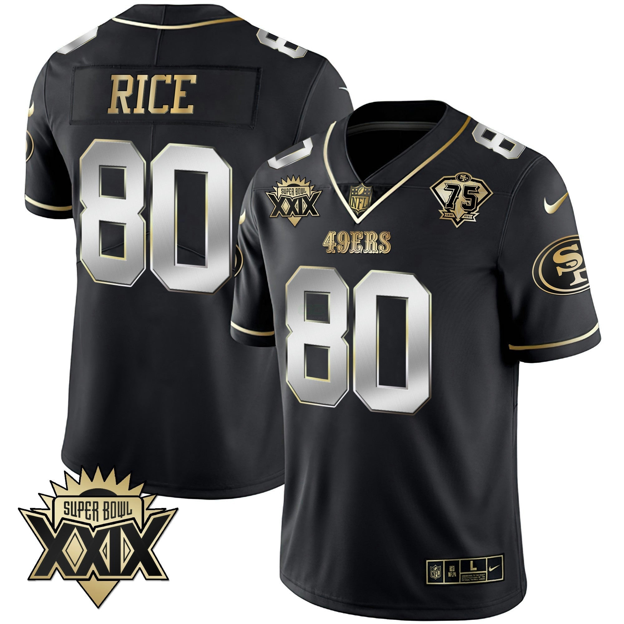 Camisa NFL Men’s Super Bowl XXIX Patch Preta Vermelha Dourada Jersey