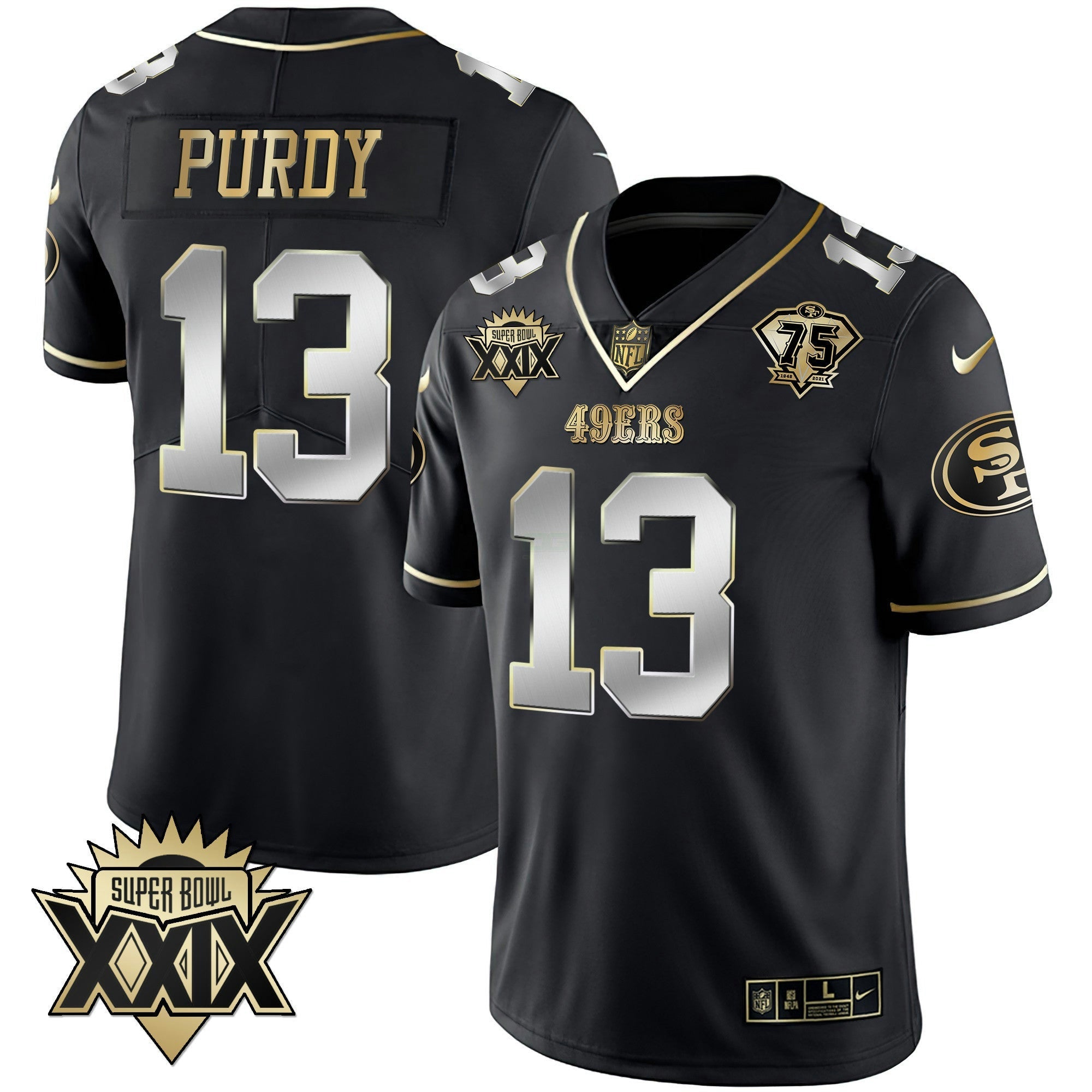 Camisa NFL Men’s Super Bowl XXIX Patch Preta Vermelha Dourada Jersey
