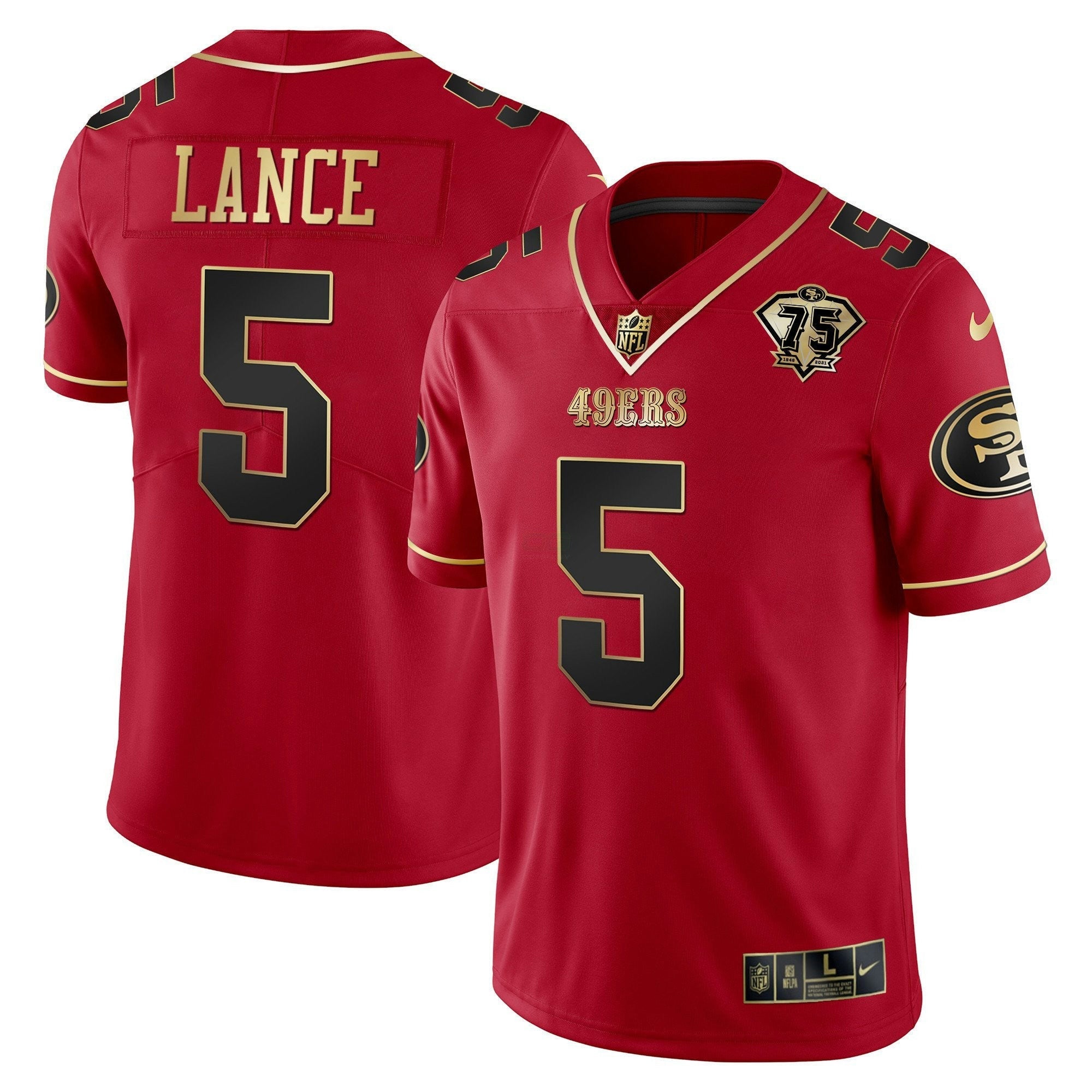 Camisa NFL Men’s Trey Lance 75th Anniversary Patch Vapor Preta Vermelha Dourada Limited