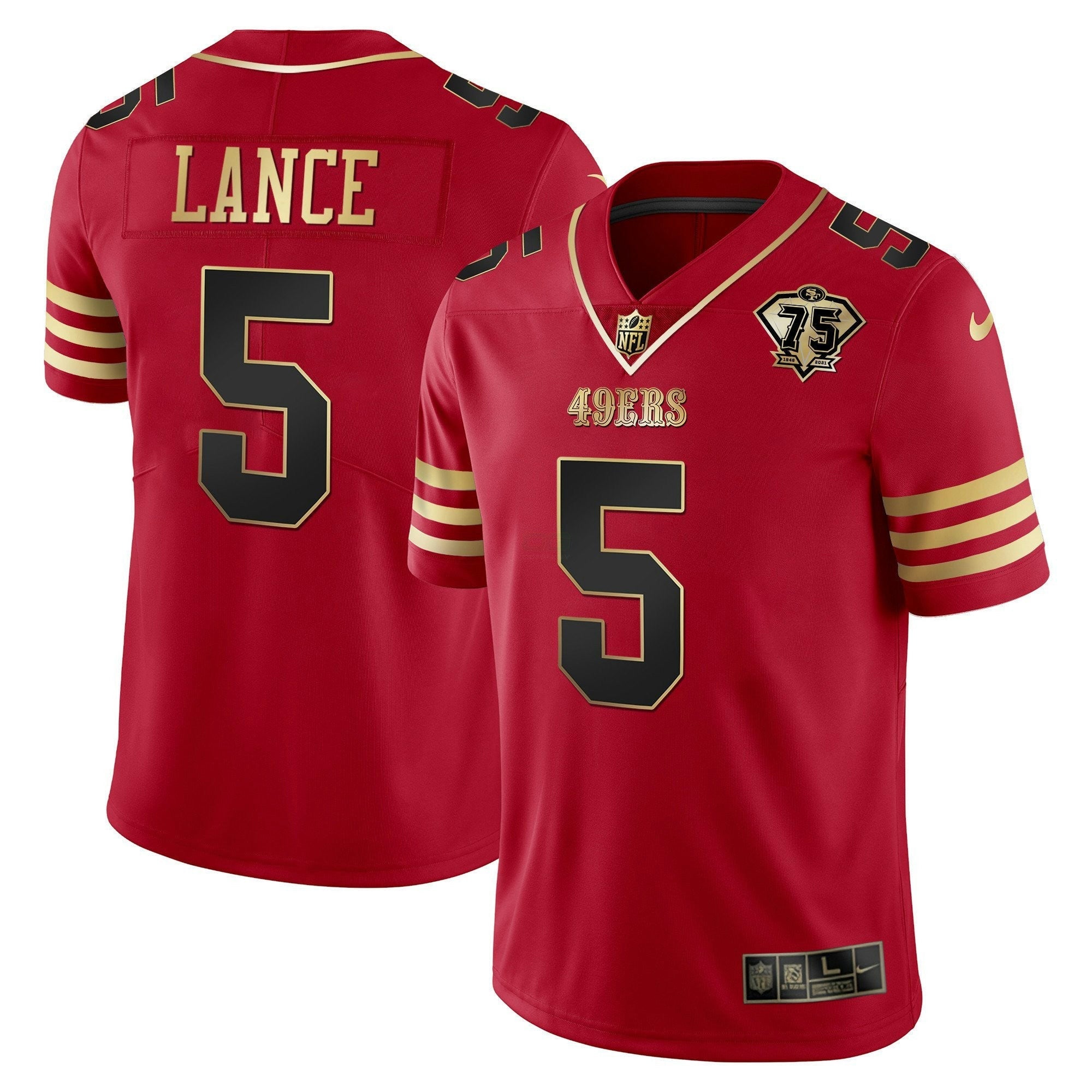 Camisa NFL Men’s Trey Lance 75th Anniversary Patch Vapor Preta Vermelha Dourada Limited