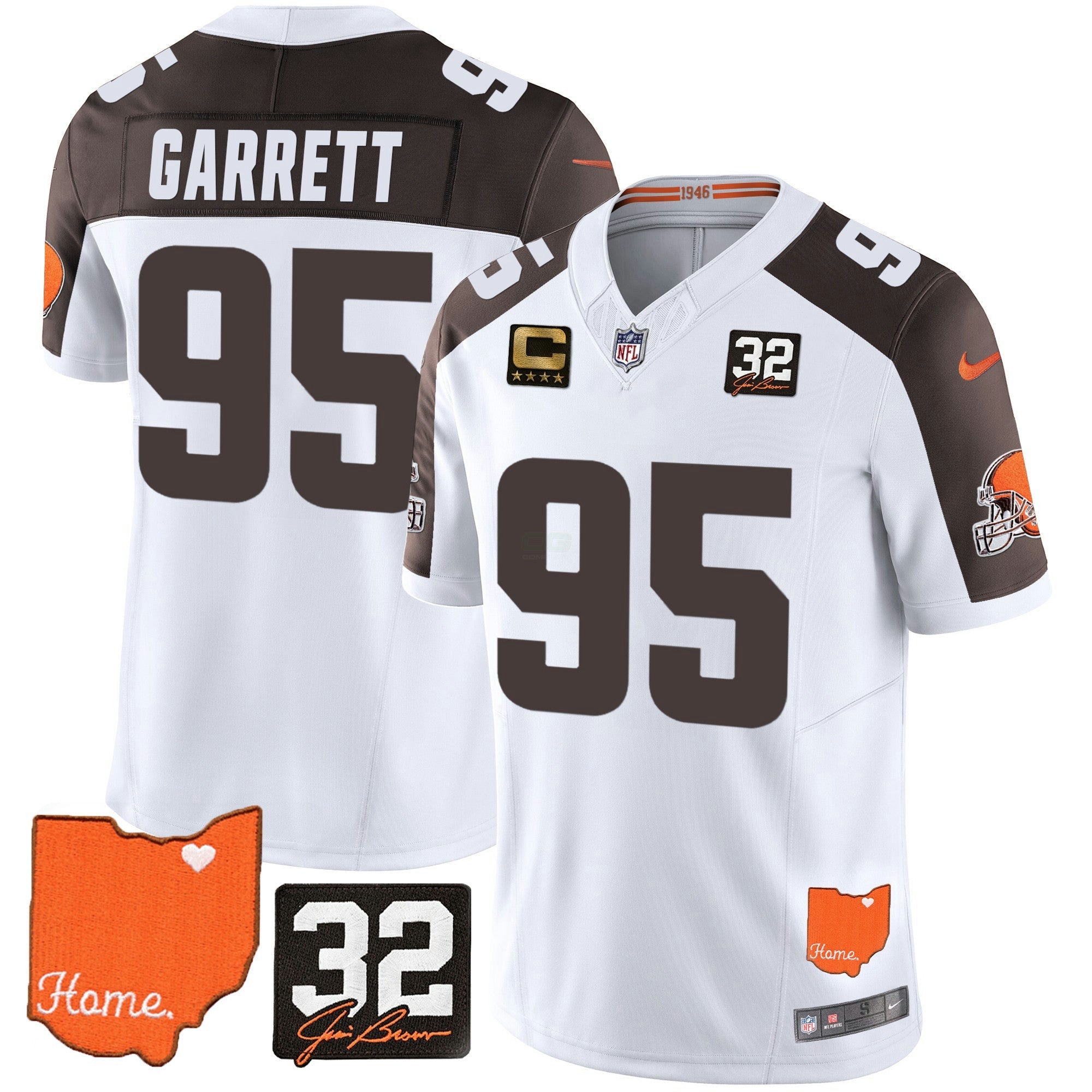 Camisa NFL Myles Garrett #32 Jim Brown Memorial & Home Patch Jersey
