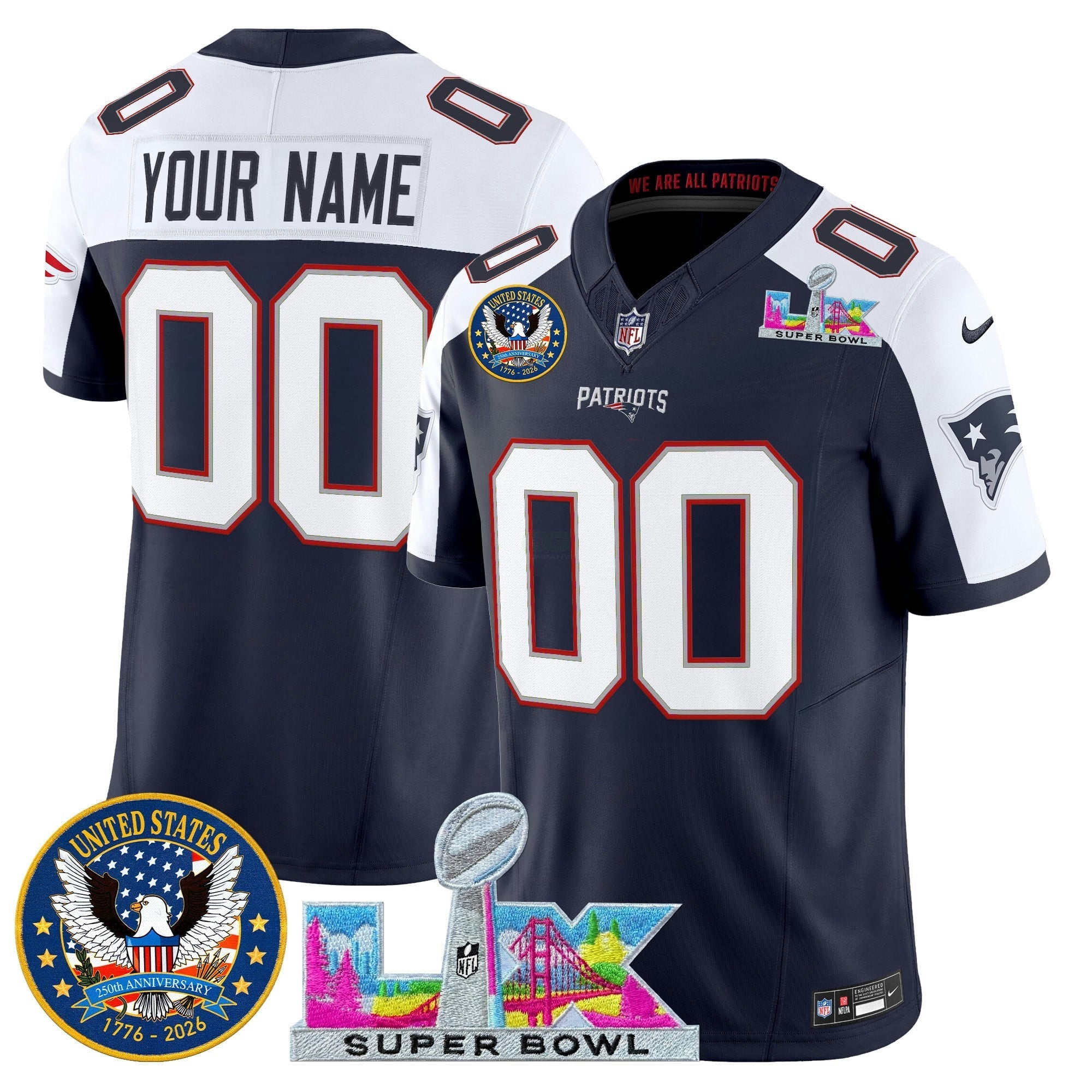 Camisa NFL New England “Super Bowl LX & United States 250th Patch” Vapor Limited Jersey