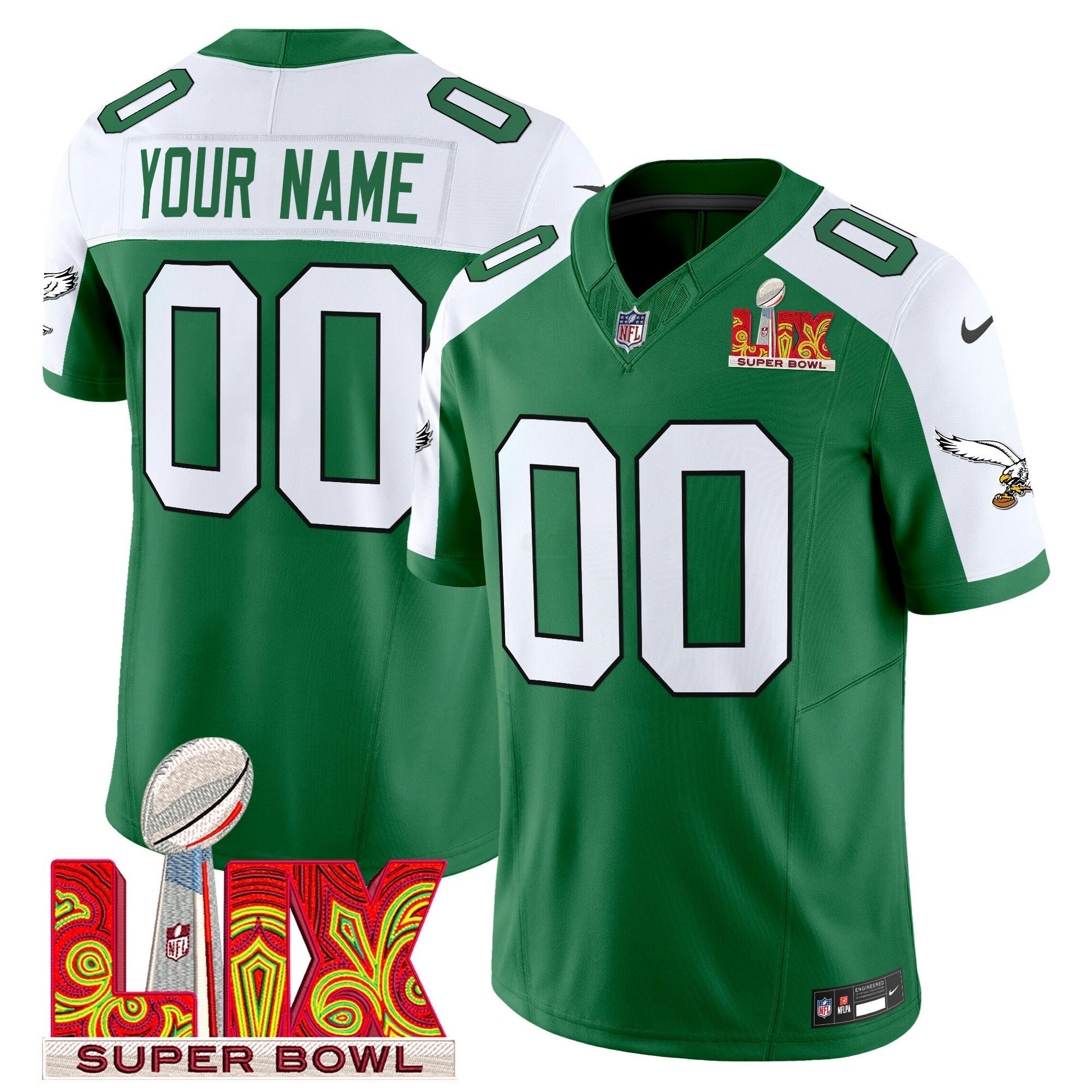 Camisa NFL Philadelphia Kelly Green Super Bowl LIX Patch Vapor Limited Jersey