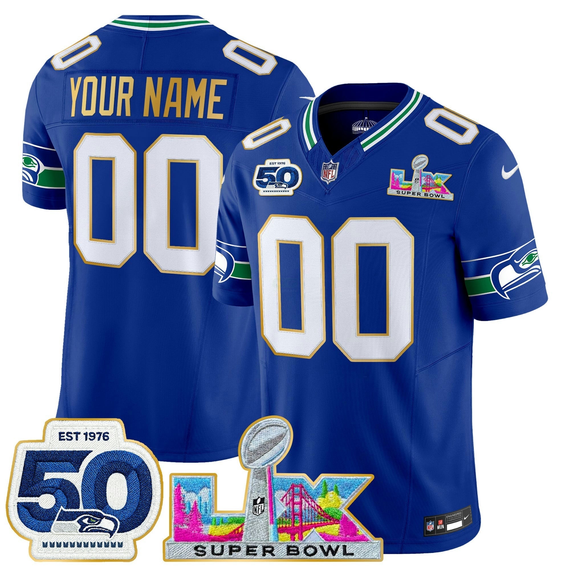 Camisa NFL Seattle “Super Bowl LX & 50th Patch” Dourada Trim Vapor Limited Jersey