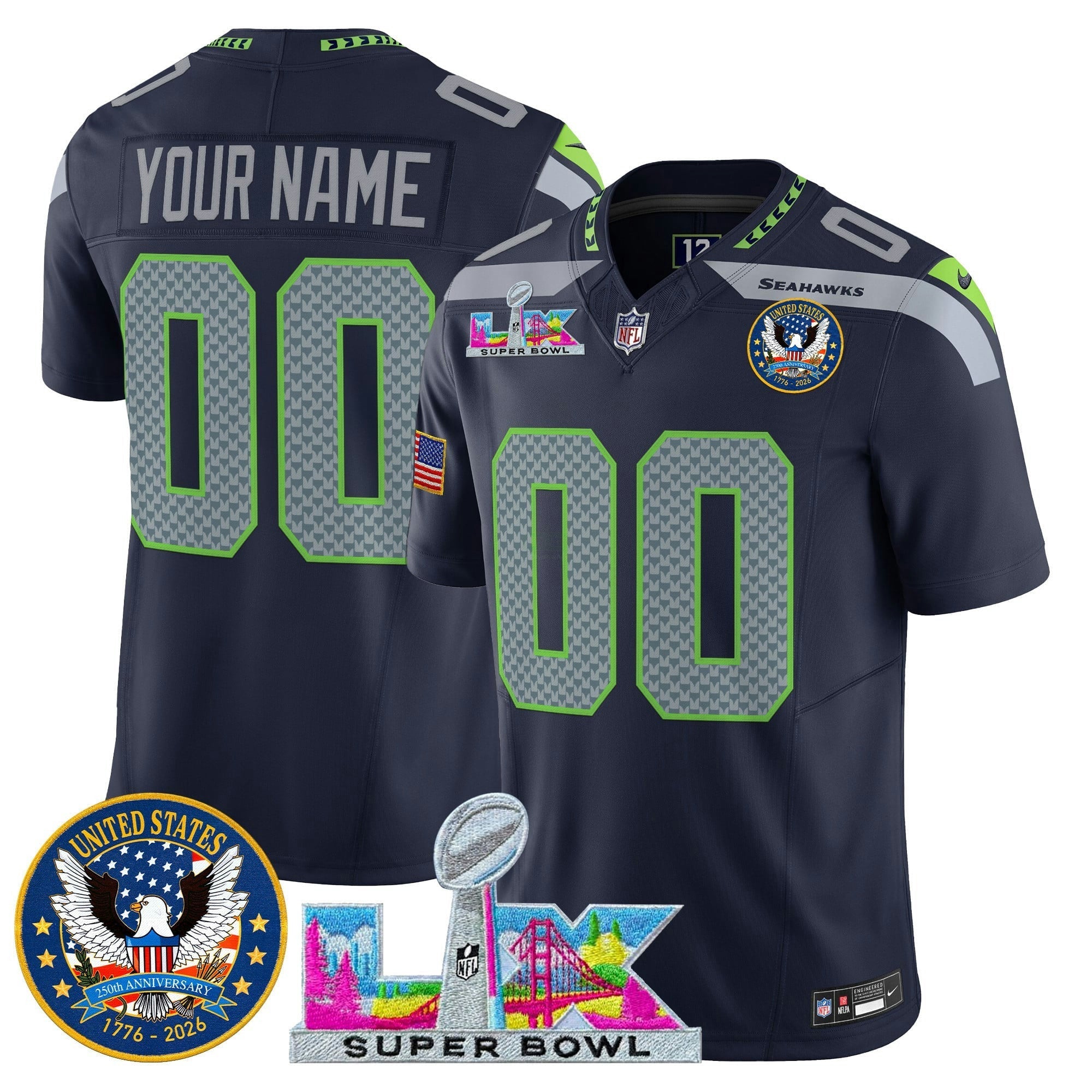 Camisa NFL Seattle “Super Bowl LX & United States 250th Patch” Vapor Limited Jersey