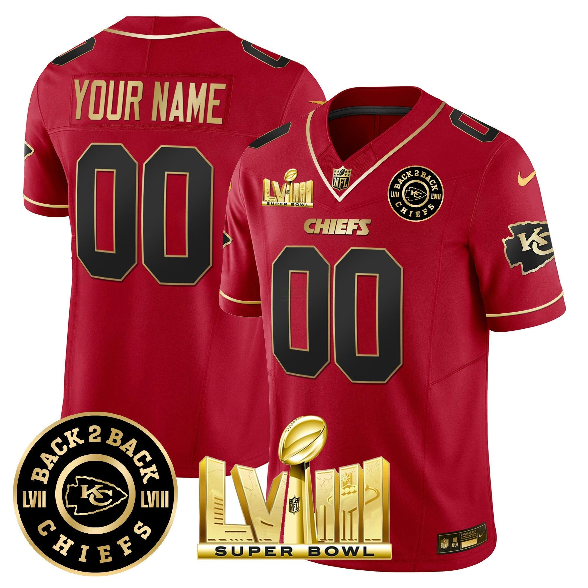 Camisa NFL Super Bowl LVIII & Back 2 Back Gold Patch Vapor Jersey V3