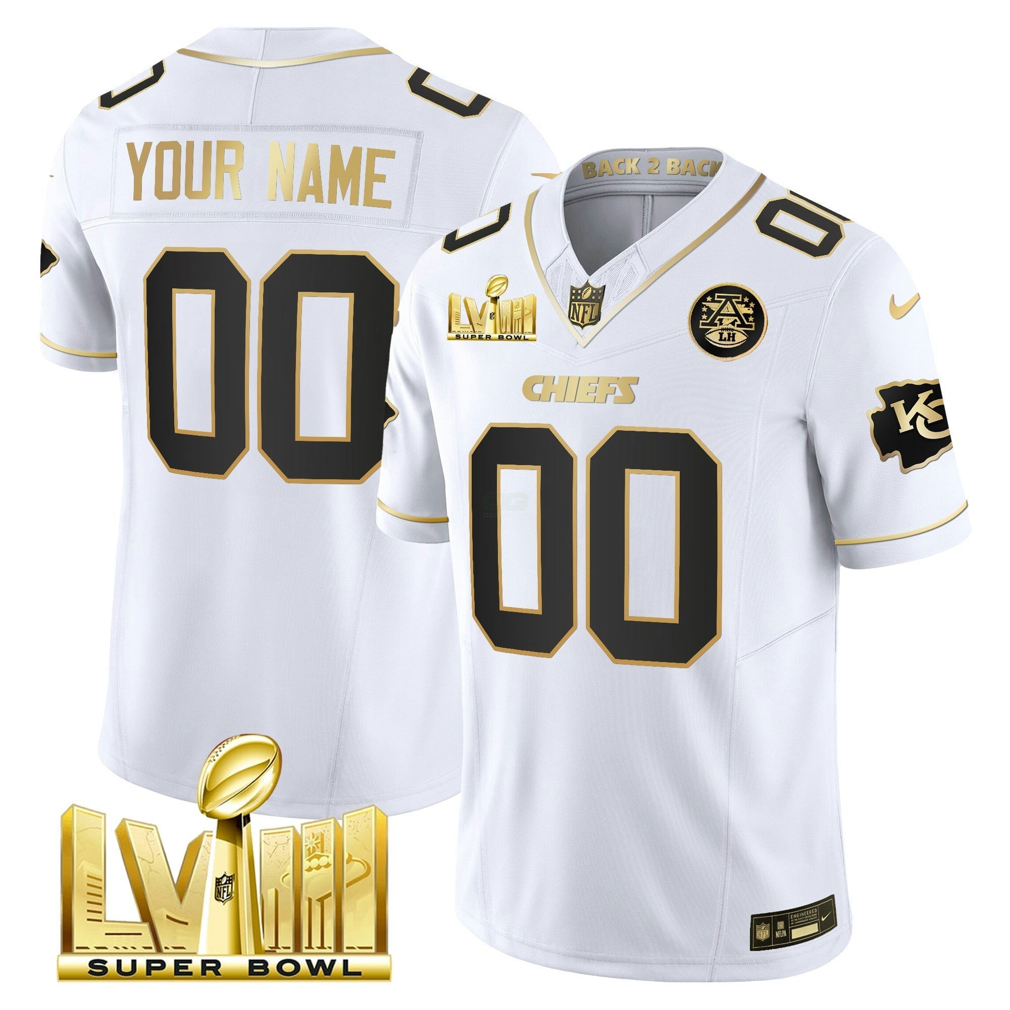 Camisa NFL Super Bowl LVIII & Back 2 Back Gold Patch Vapor Jersey V5