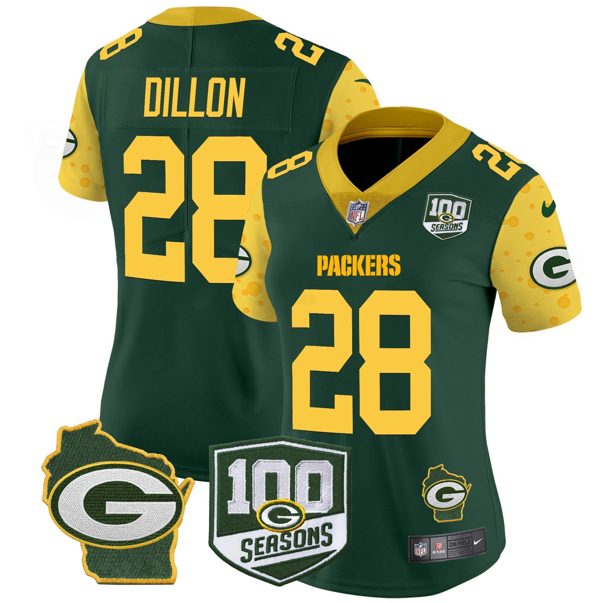 Camisa NFL Women’s 100th Season & Home Patch Cheese Vapor Limited Jersey
