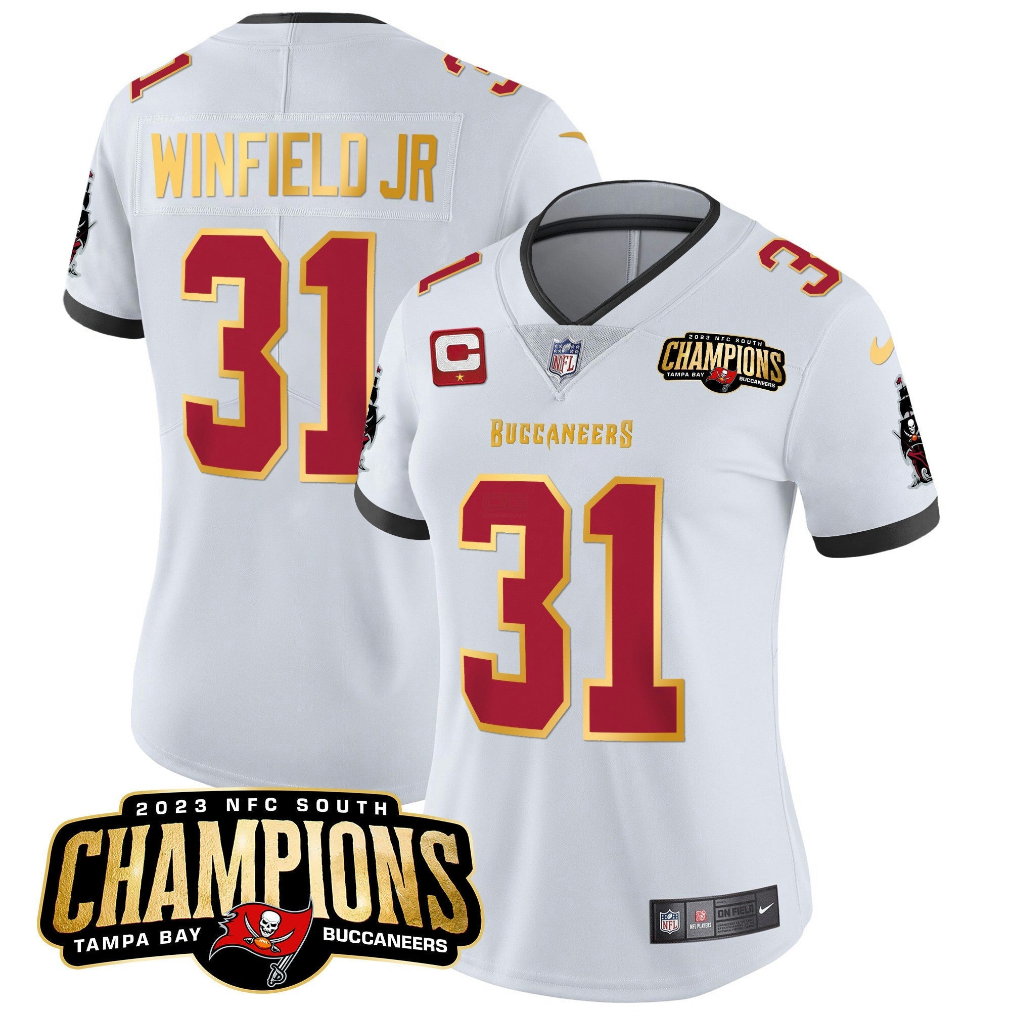 Camisa NFL Women’s 2023 NFC South Champions Patch Dourada Trim Vapor Jersey