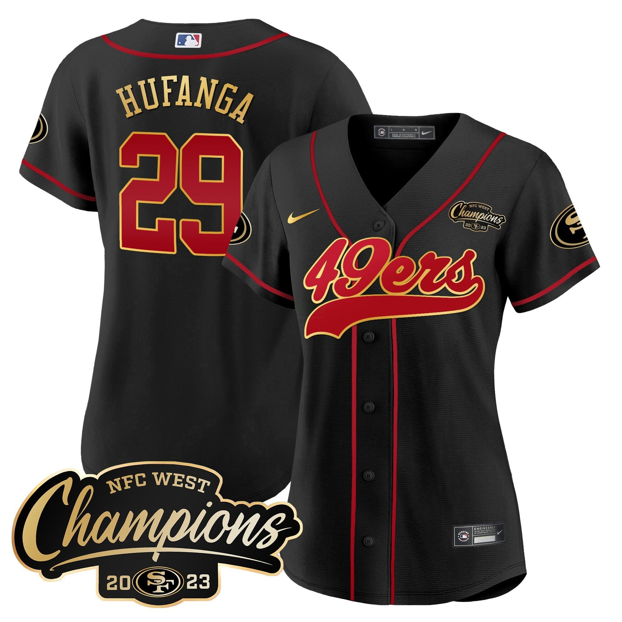 Camisa NFL Women’s 2023 NFC West Champions Baseball Gold Trim Jersey